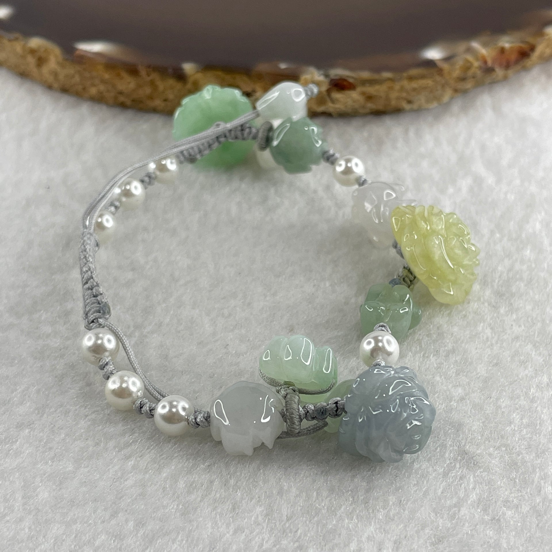 Natural Type A Green with Lavender and light Yellowish Jadeite Flower and Cat Dog Butterfly with Faux Pearl Bracelet 17.34g 15-18cm 16.0mm - Flower - Huangs Jadeite and Jewelry Pte Ltd