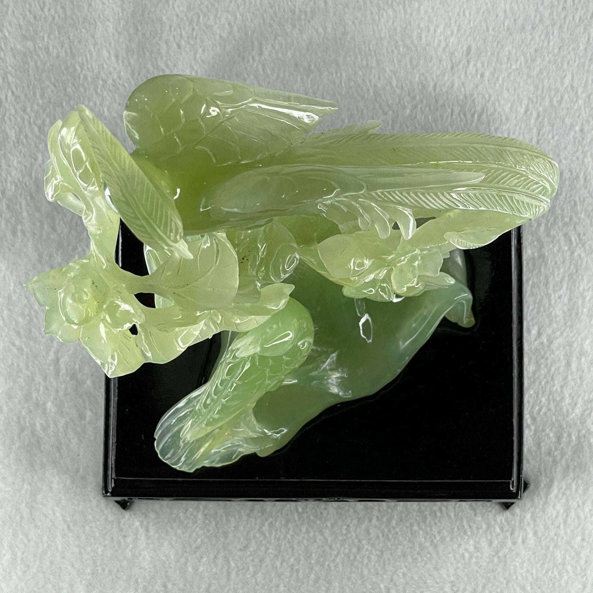 Natural Green Serpentine Phoenix with Double Magpies Birds on Tree with Wooden Stand Display 770.6g 155.0 by 125.0 by 230.0mm - Huangs Jadeite and Jewelry Pte Ltd