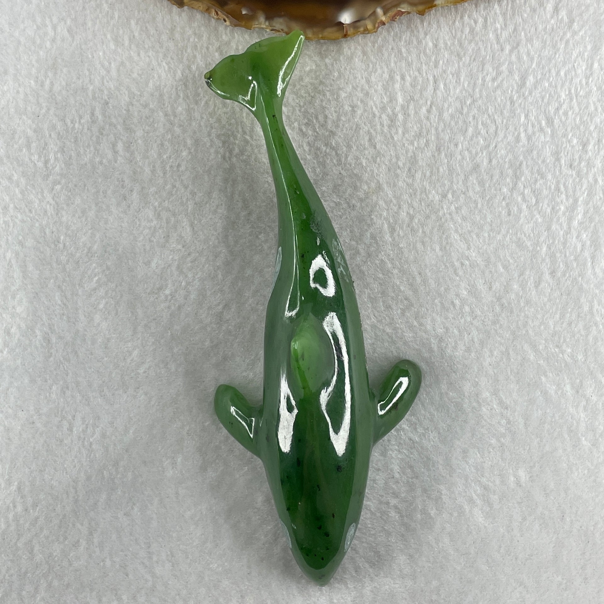 Natural Dark Green Serpentine Killer Whale Display 148.0g 143.5 by 55.0 by 48.5mm - Huangs Jadeite and Jewelry Pte Ltd