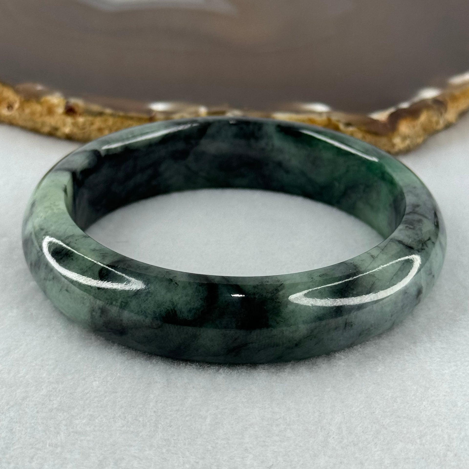 Type A Green and Black to Dark Green Piao Hua Jadeite Bangle Internal Diameter 58.2mm 73.13g 15.0 by 8.9mm (Internal Lines) - Huangs Jadeite and Jewelry Pte Ltd