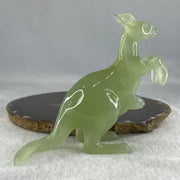 Natural Green Serpentine Kangaroo with Baby with Wooden Stand Display 235.6g 125.0 by 63.8 by 116.5mm - Huangs Jadeite and Jewelry Pte Ltd