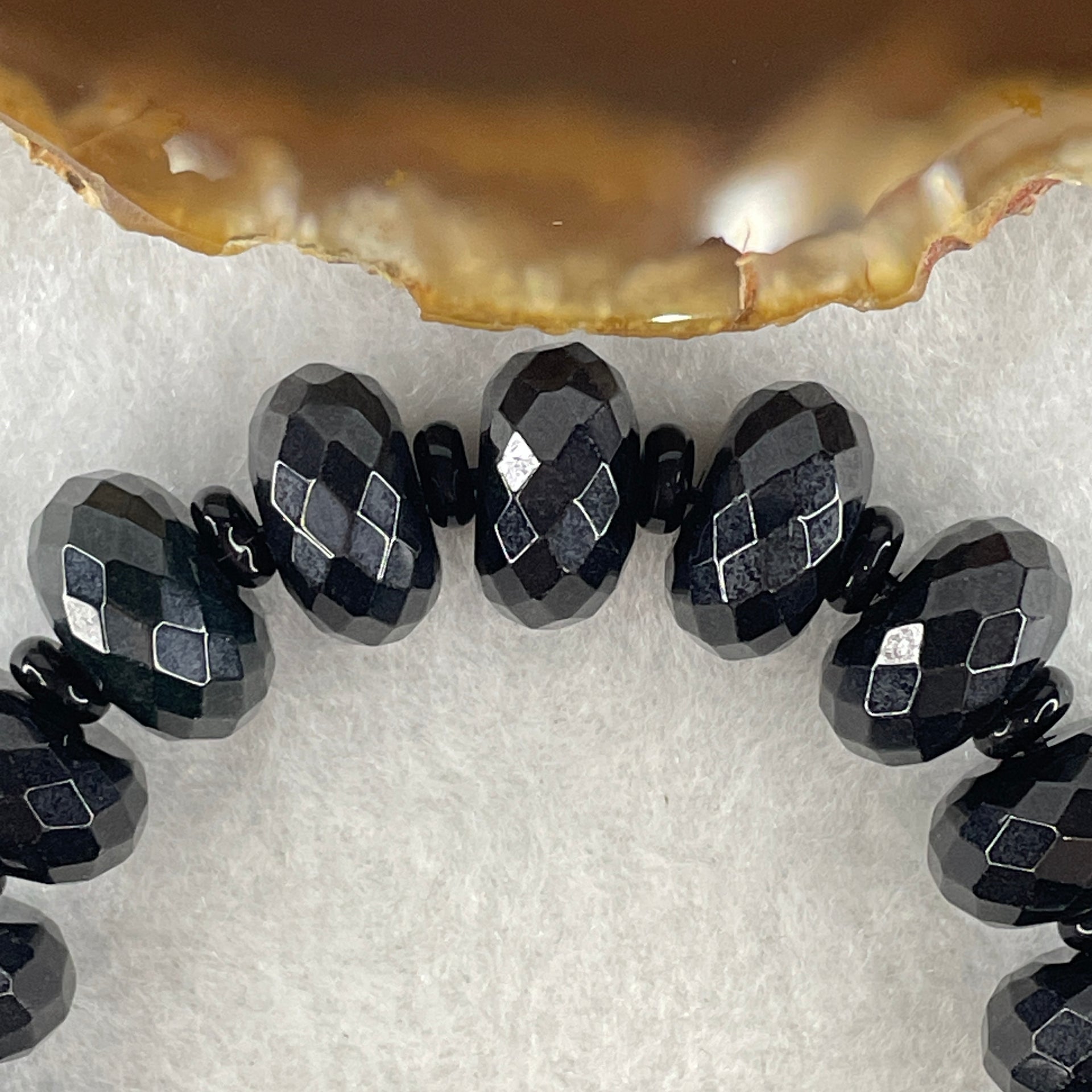 Type A Opaque Black Omphacite Jadeite Faceted Donut Ping An Kou Shape Beads Bracelet 59.39g 15cm 14.3mm 19 Beads - Huangs Jadeite and Jewelry Pte Ltd
