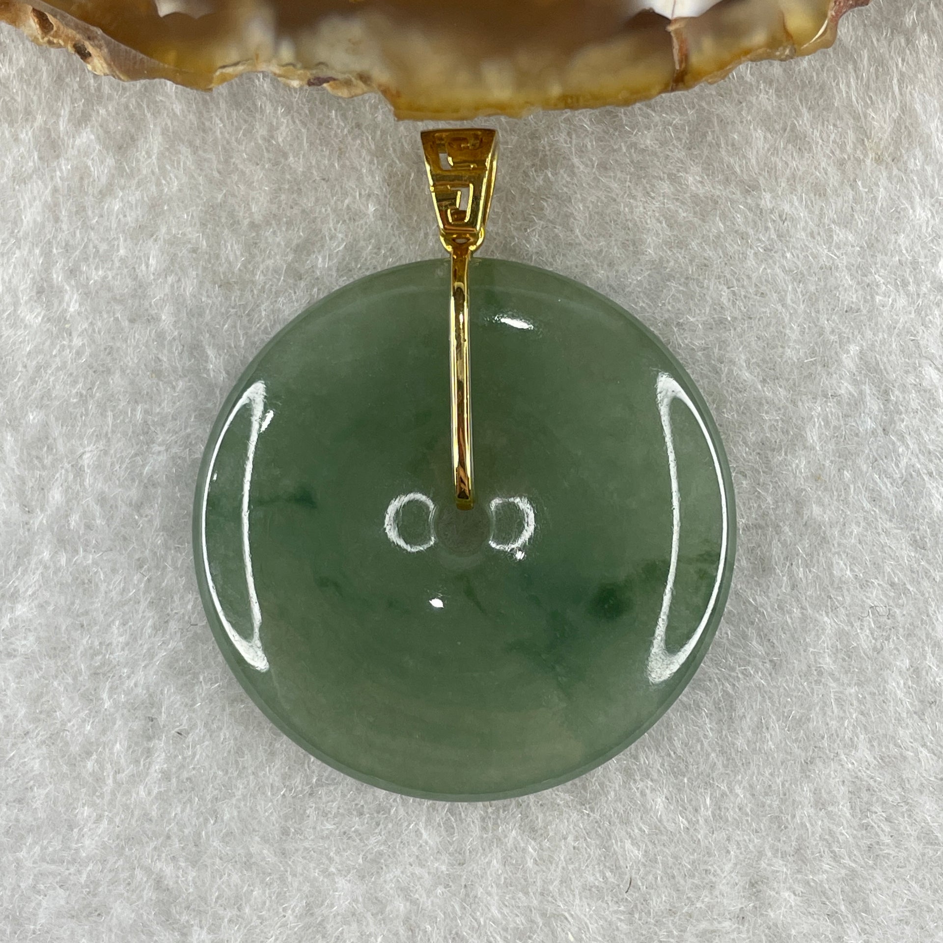 Type A Natural Semi Icy Green with Green Piao Hua Jadeite Ping An Kou Pendant with 18K Yellow Gold Clap 10.67g 30.5 by 5.2mm - Huangs Jadeite and Jewelry Pte Ltd