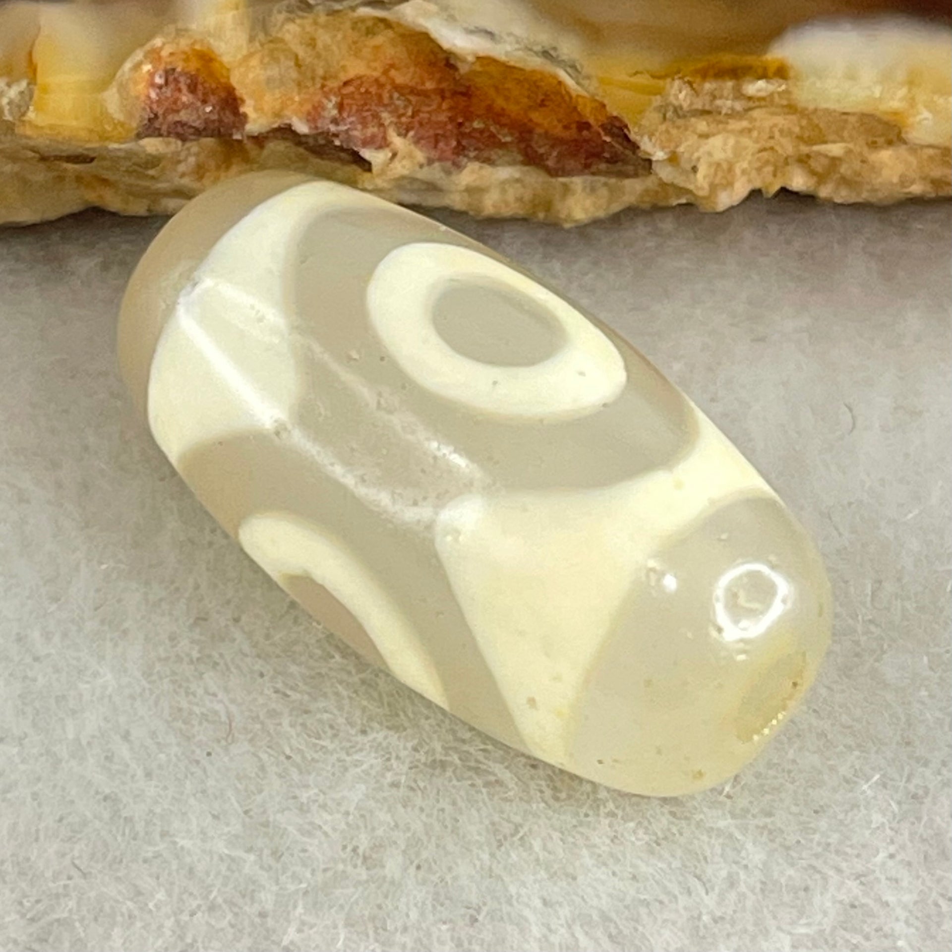 Natural Powerful Tibetan Old Oily Agate 3 Eyes Dzi Bead Heavenly Master (Tian Zhu) 三眼天诛 3.02g 20.1 by 10.2mm - Huangs Jadeite and Jewelry Pte Ltd
