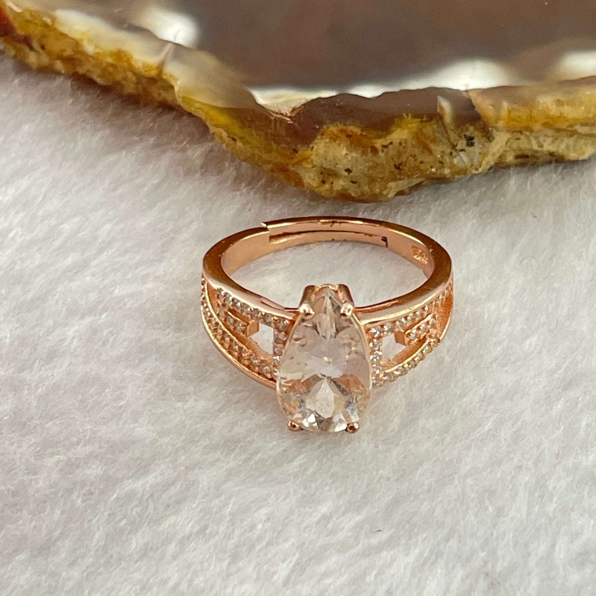 Pink Cubic Zirconia with Crystals In S925 Sliver Rose Gold Color Ring (Adjustable Size) 2.92g 12.5 by 6.6 by 5.5mm - Huangs Jadeite and Jewelry Pte Ltd