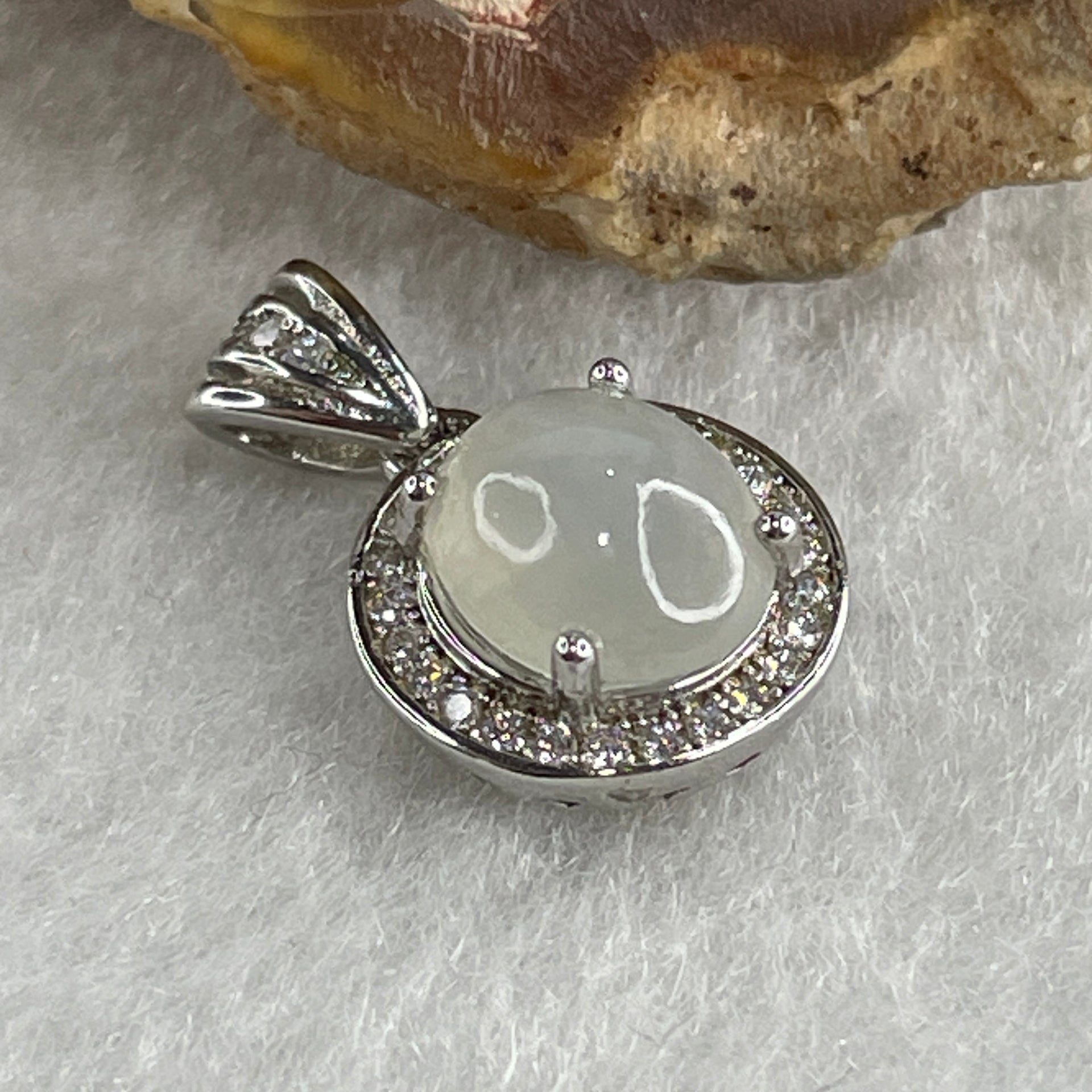 Type A Icy White Jadeite Pendant with Cubic Zirconia in S925 Sliver 1.75g 8.6 by 7.2 by 4.0mm - Huangs Jadeite and Jewelry Pte Ltd