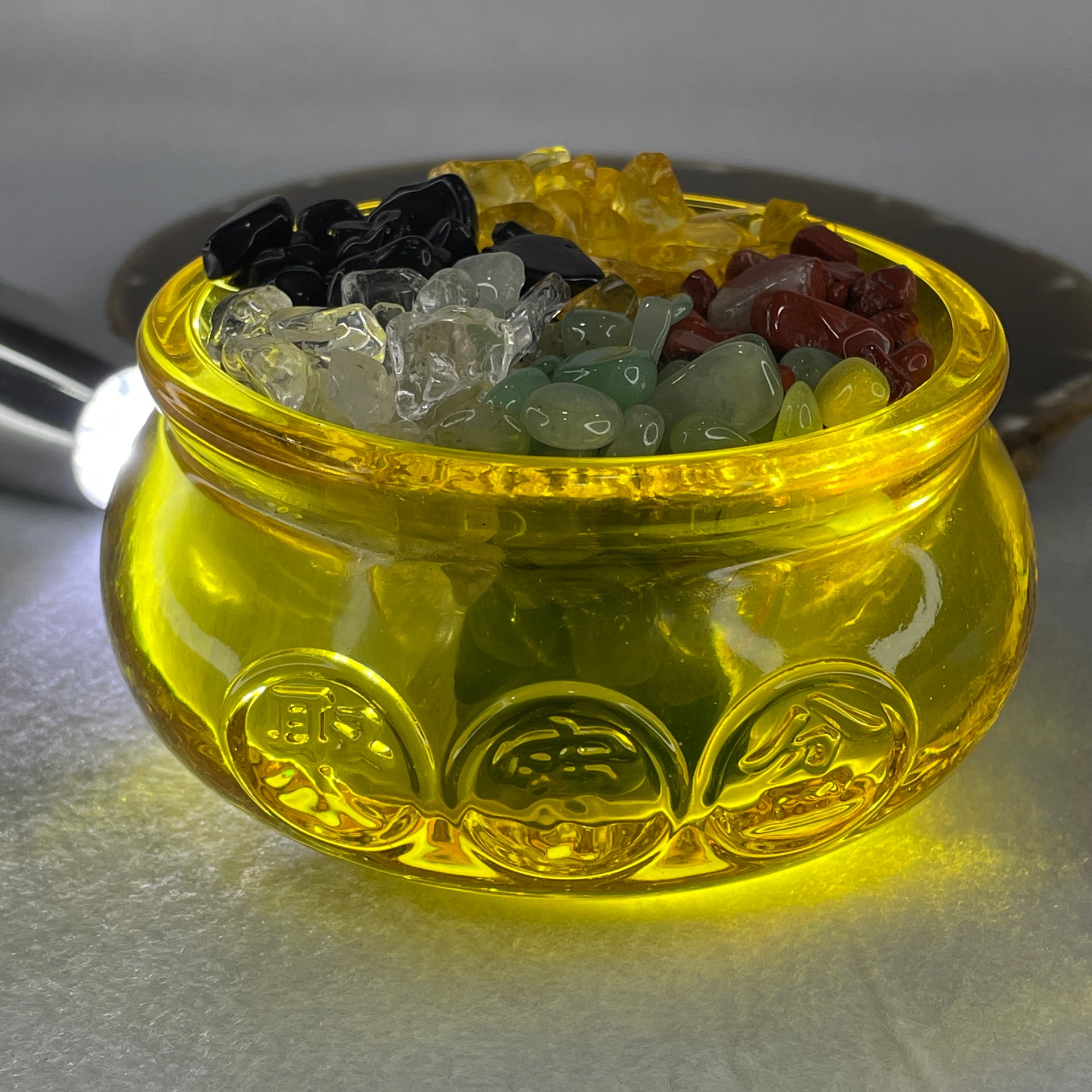Yellow Liuli Wealth Pot with Five Element Crystal Fragment (Clear Quartz, Black Obsidian, Red Jasper, Citrine, Serpentine) Display Total Weight 702.75g 99.1 by 50.8mm - Huangs Jadeite and Jewelry Pte Ltd