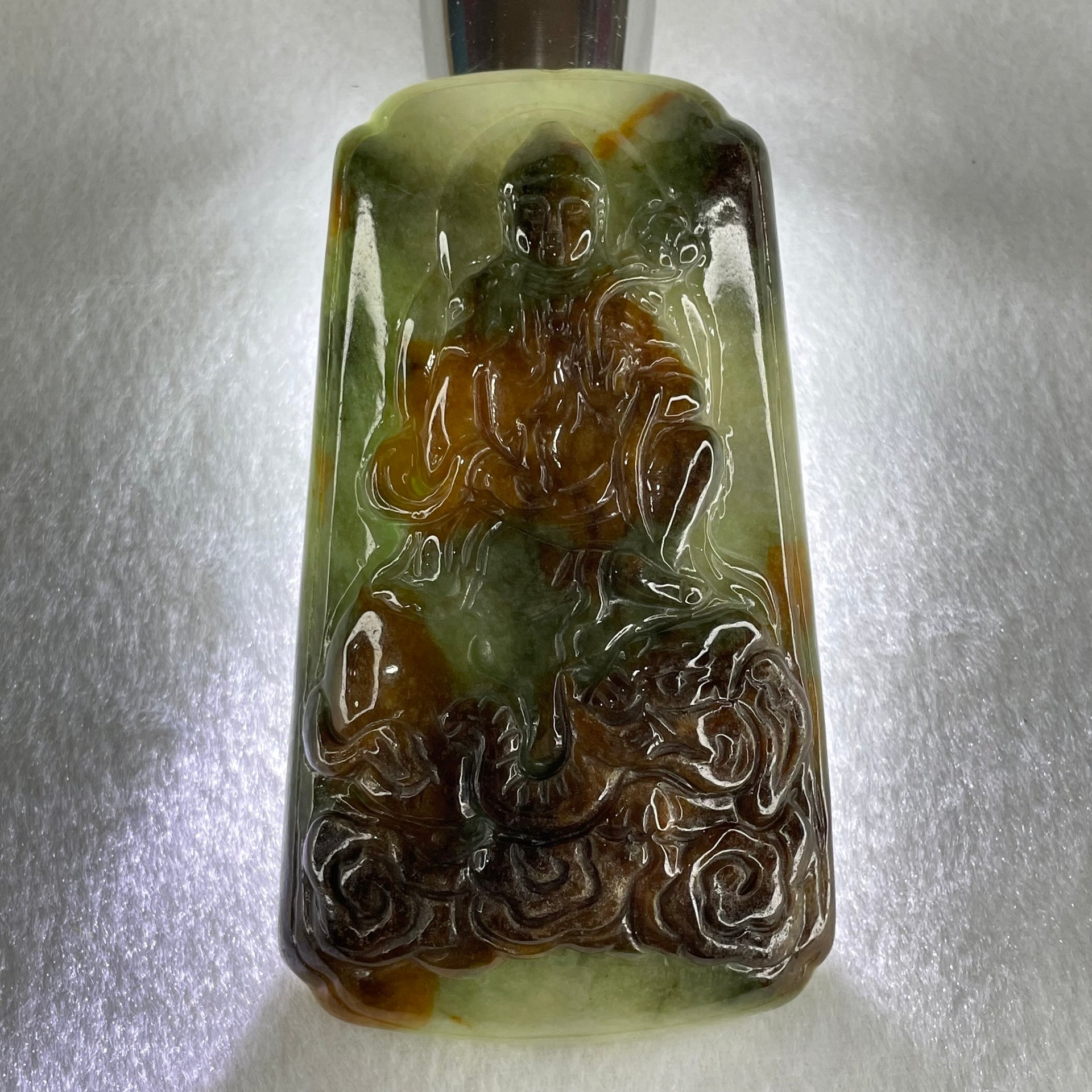 Type A Blueish Green with Brown Jadeite Samantabhadra Bodhisattva Guan Yin on Elephant and Shan Shui Pendant 188.54g with Wooden Stand Display Total 530.1g 122.5 by 91.0 by 156.0mm - Huangs Jadeite and Jewelry Pte Ltd