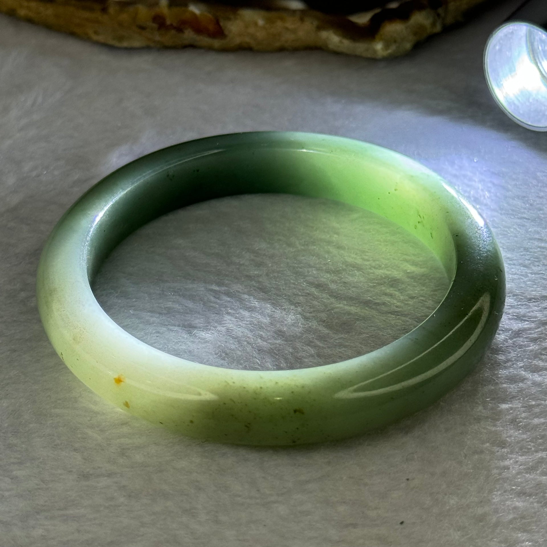 Type A Blueish Green with Black and Brownish Yellow Spots Jadeite Bangle 46.22g Internal Diameter 55.1mm 10.2 by 8.0mm (Very Slight Inter Line) - Huangs Jadeite and Jewelry Pte Ltd