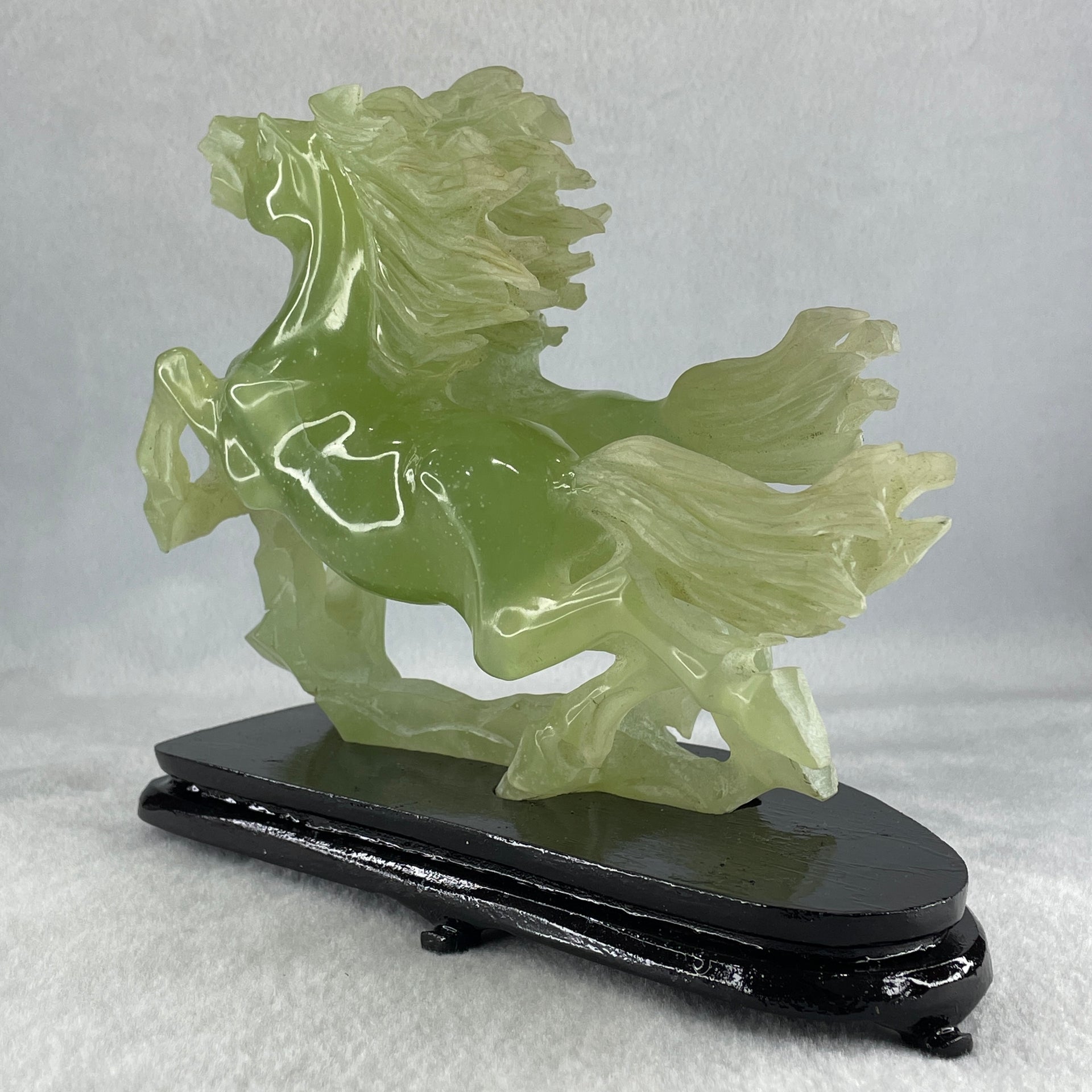 Natural Semi Icy Green Serpentine Double Horse with Wooden Stand Display 1119.9g 190.0 by 166.0 by 96.0mm - Huangs Jadeite and Jewelry Pte Ltd