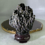 Natural Black Moissanite Rough Display wit Wooden Stand 140.35g 71.7 by 47.5 by 108.5mm - Huangs Jadeite and Jewelry Pte Ltd