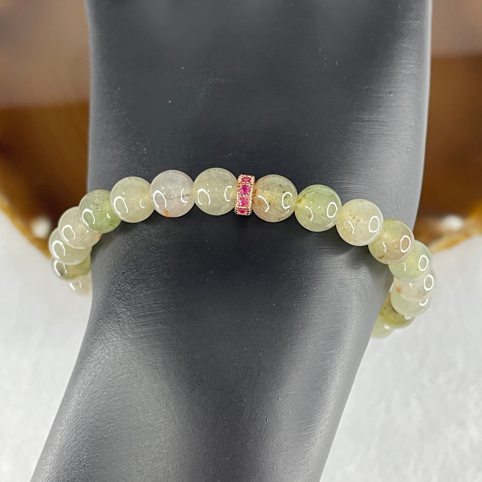 Natural Type A Light Green with Greyish Jadeite Beads Bracelet 15.27g 15cm 6.9mm 26 Beads - Huangs Jadeite and Jewelry Pte Ltd