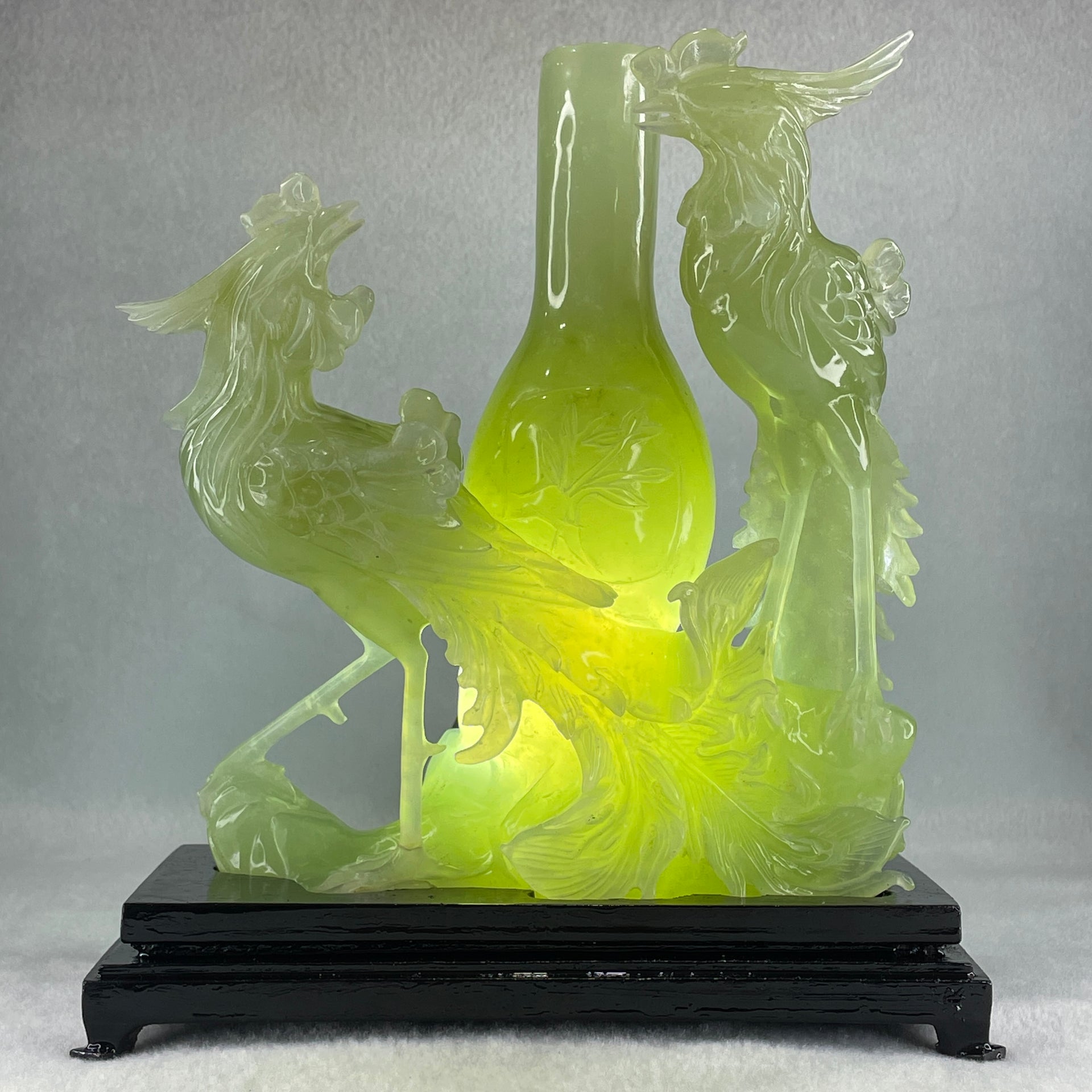 Natural Green Serpentine Double Phoenix on Tree and Vase with Wooden Stand Display 1,377.4g 180.0 by 210.0 by 86.0mm - Huangs Jadeite and Jewelry Pte Ltd