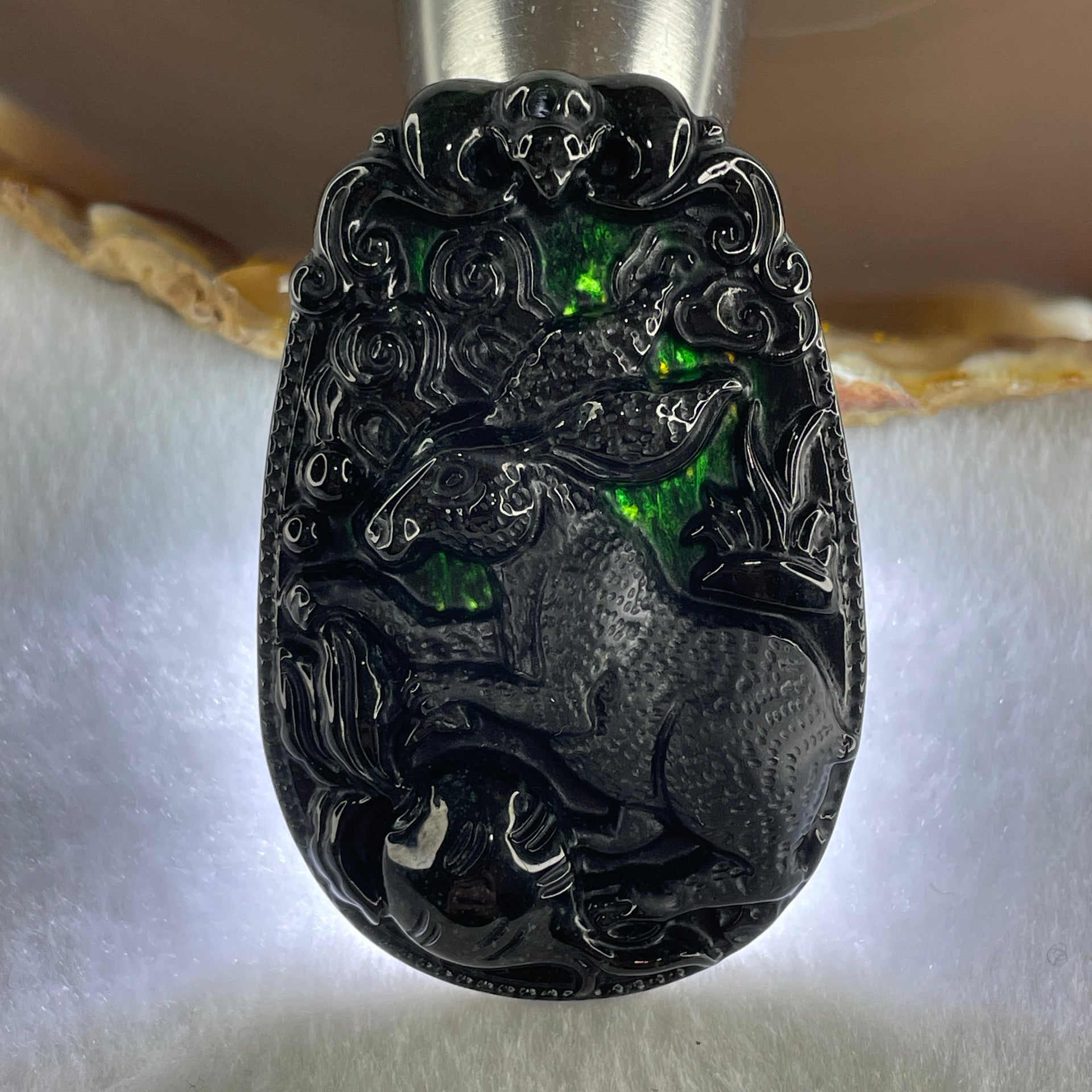 Type A Opaque to Partial Translucent Black Omphacite Jadeite Rabbit Pendant 25.89g 60.2 by 39.8 by 8.9mm - Huangs Jadeite and Jewelry Pte Ltd