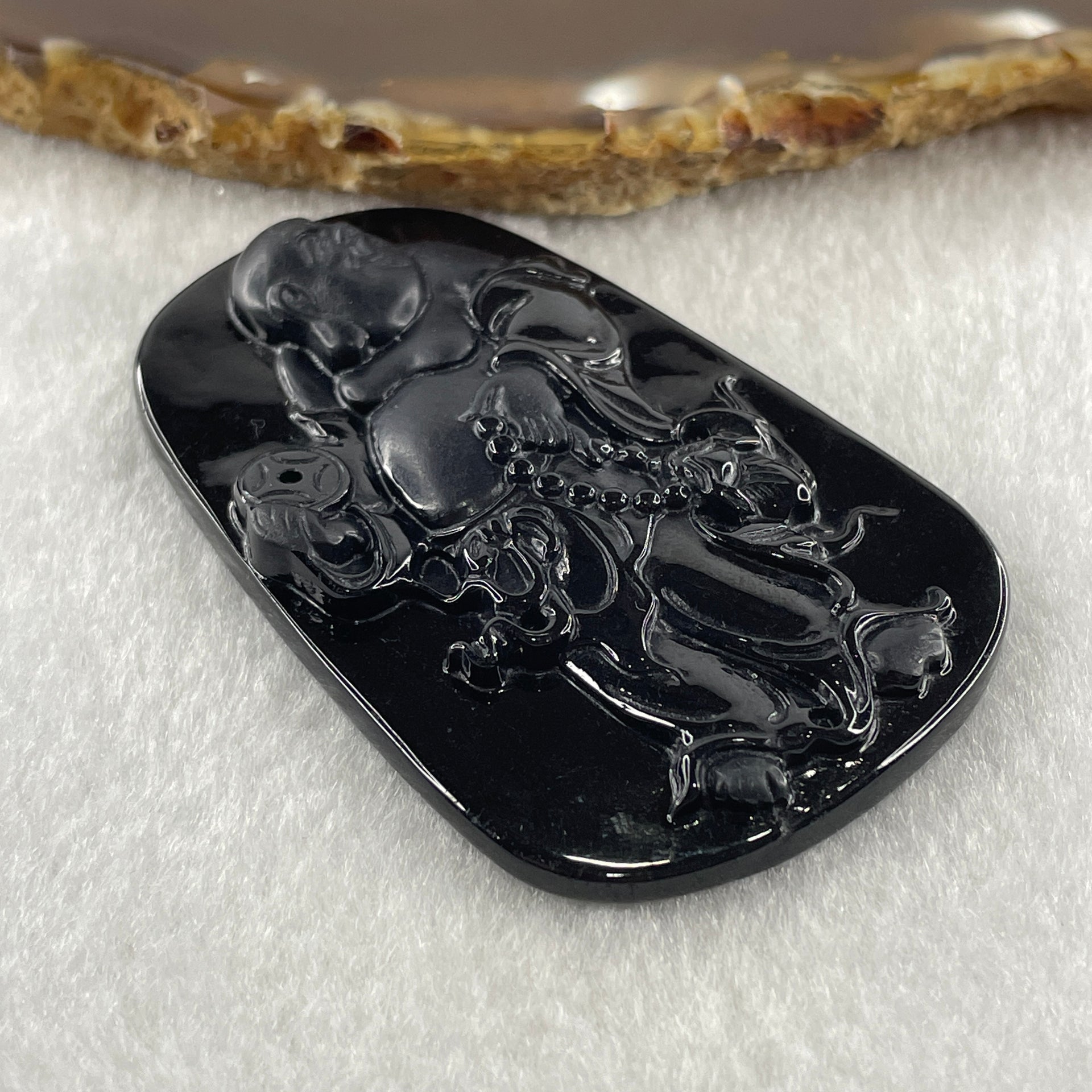 Type A Opaque to Partial Translucent Black Omphacite Jadeite Milo Laughing Buddha Pendant 22.86g 64.6 by 40.5 by 8.7mm - Huangs Jadeite and Jewelry Pte Ltd