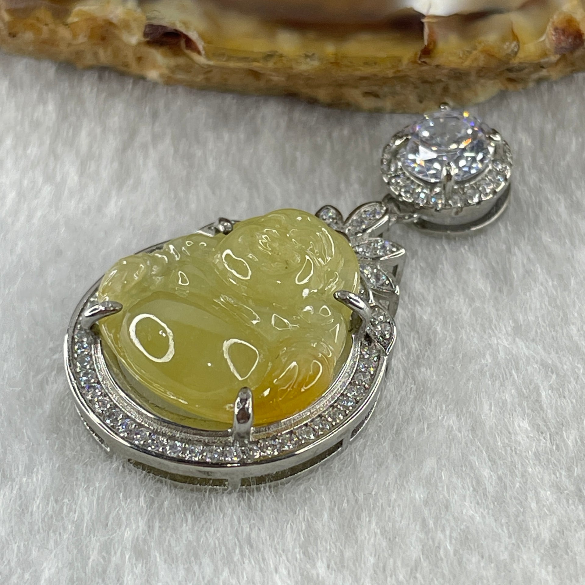 Type A Natural Semi Icy Yellow Jadeite Milo Buddha S925  Silver with Cubic Zirconia Pendant 5.28g 17.1 by 16.5 by 5.0mm - Huangs Jadeite and Jewelry Pte Ltd