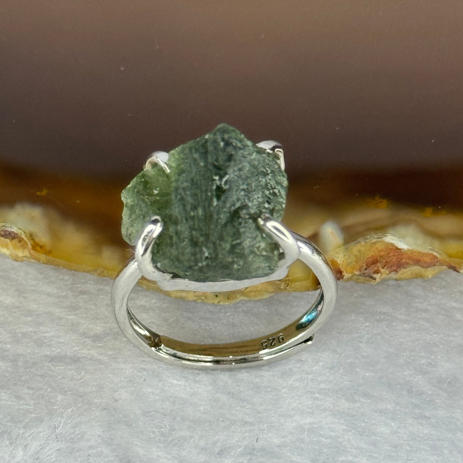 Natural Czech Republic Moldavite Meteorite Crystal in S925 Sliver Ring (Adjustable Size) 天然捷克陨石925银戒指 4.59g 14.0 by 13.3 by 13.5mm - Huangs Jadeite and Jewelry Pte Ltd
