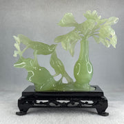 Natural Green Serpentine Double Magpies Birds on Mountain with Flower on Vase with Wooden Stand Display 553.8g 180.0 by 95.0 by 170.0mm - Huangs Jadeite and Jewelry Pte Ltd