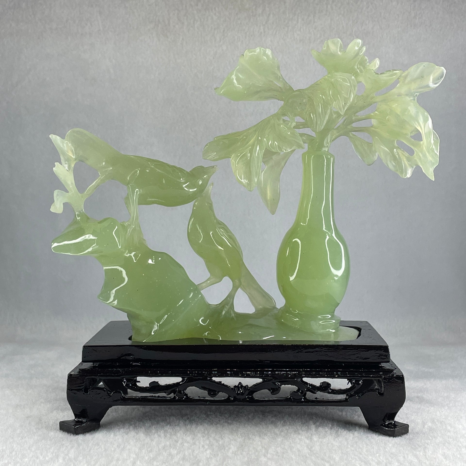 Natural Green Serpentine Double Magpies Birds on Mountain with Flower on Vase with Wooden Stand Display 553.8g 180.0 by 95.0 by 170.0mm - Huangs Jadeite and Jewelry Pte Ltd