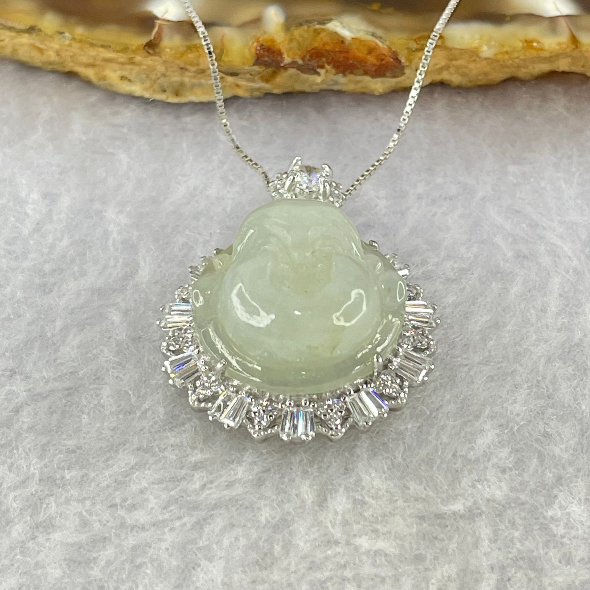 Type A Faint Green Lavender Milo Buddha with Crystals in S925 Sliver Pendant and Necklace 7.05g 16.6 by 16.6 by 8.0mm - Huangs Jadeite and Jewelry Pte Ltd