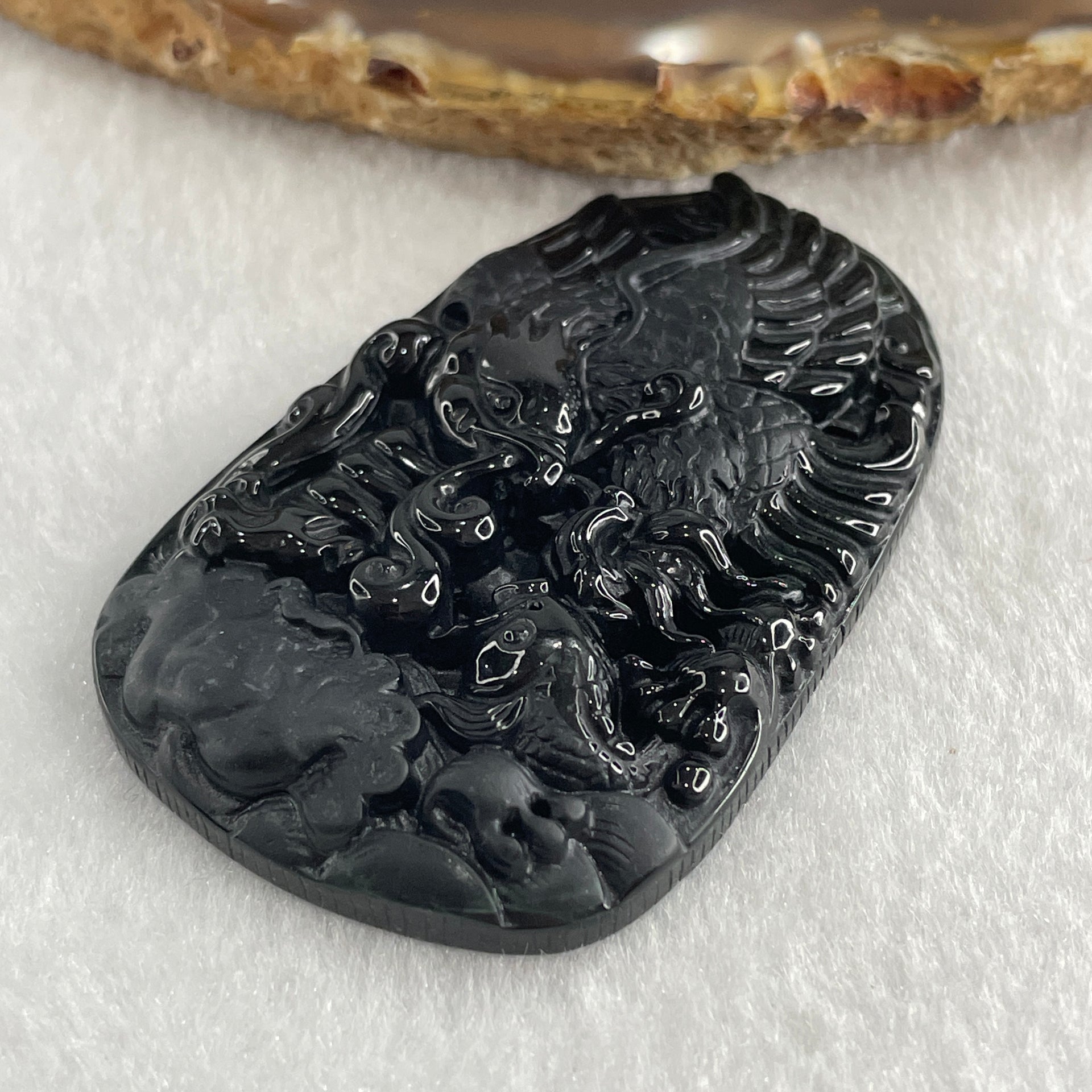 Type A Opaque to Partial Translucent Black Omphacite Jadeite Eagle Fish and Lotus Leaf Pendant 29.55g 60.1 by 38.1 by 8.0mm - Huangs Jadeite and Jewelry Pte Ltd