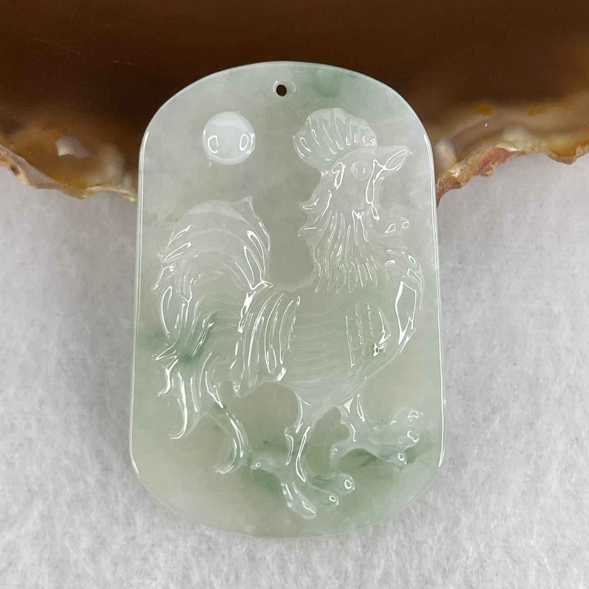 Certified Type A Jelly Light Green with Green Piao Hua Jadeite Rooster Pendant | (12.81g | 43.9x29.5mm | Heart & Solar Plexus Chakra Synergy, Zodiac Rooster Luck, Wealth Awakening & Solar Protection)