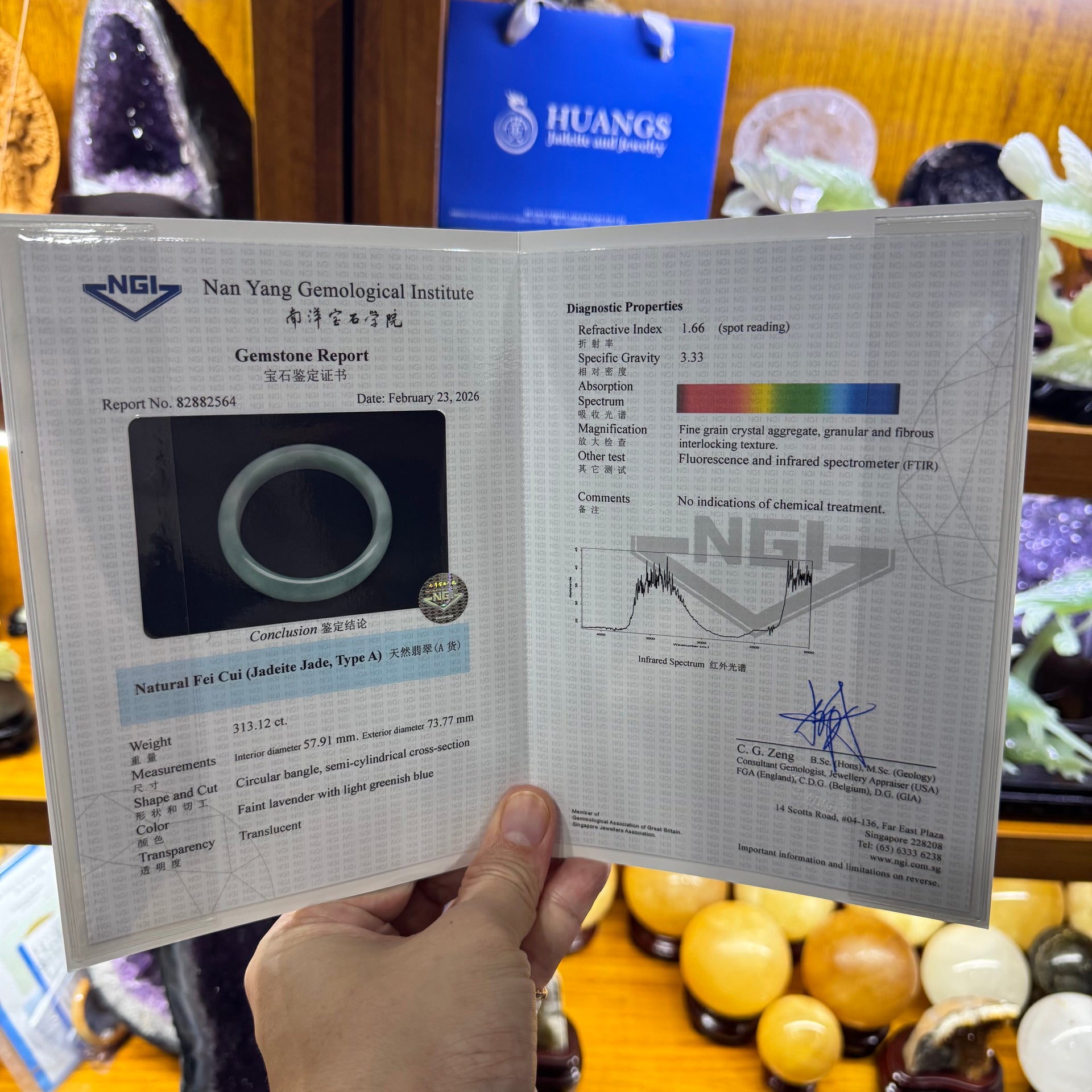 Certified Type A Natural Jelly Faint Blueish Green with Slight Light Lavender Jadeite Bangle 313.12ct 62.62g Inner Diameter 57.91mm 14.4 by 8.2mm (Perfect) with NGI Cert - Huangs Jadeite and Jewelry Pte Ltd