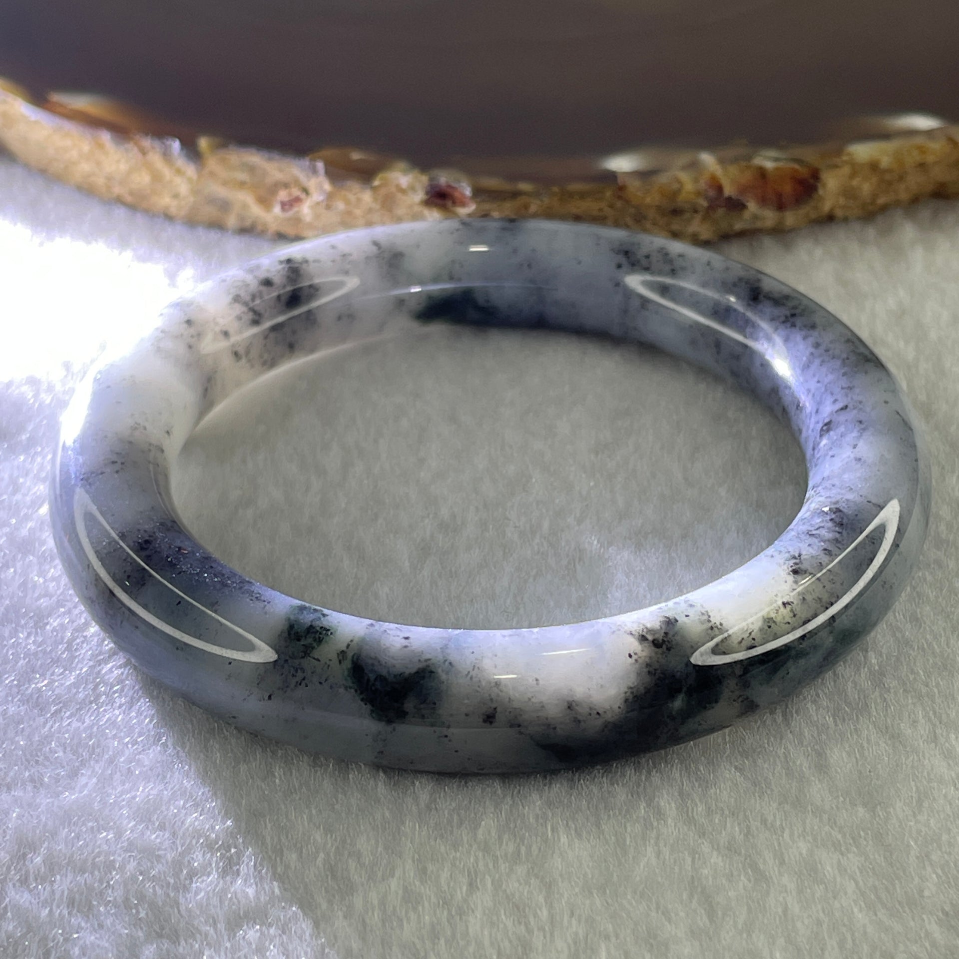 Type A Natural Wuji Grey with Lavender and Spicy Green Spots Jadeite Bangle 59.29g Internal Diameter 54.5mm 10.6 by 10.8mm (Perfect) - Huangs Jadeite and Jewelry Pte Ltd
