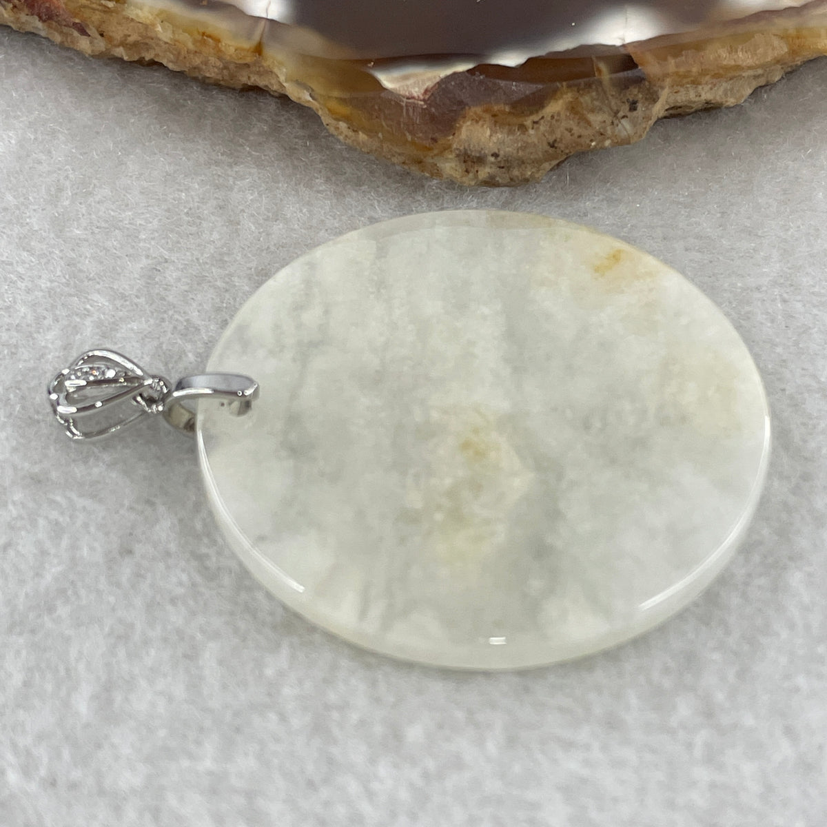 Natural Type A Semi-Icy White & Brownish Jadeite Round Wu Shi Pai Pendant in S925 Silver | Peace Plaque & Protection (10.44g | 46.2 x 3.0mm) - Huangs Jadeite and Jewelry Pte Ltd