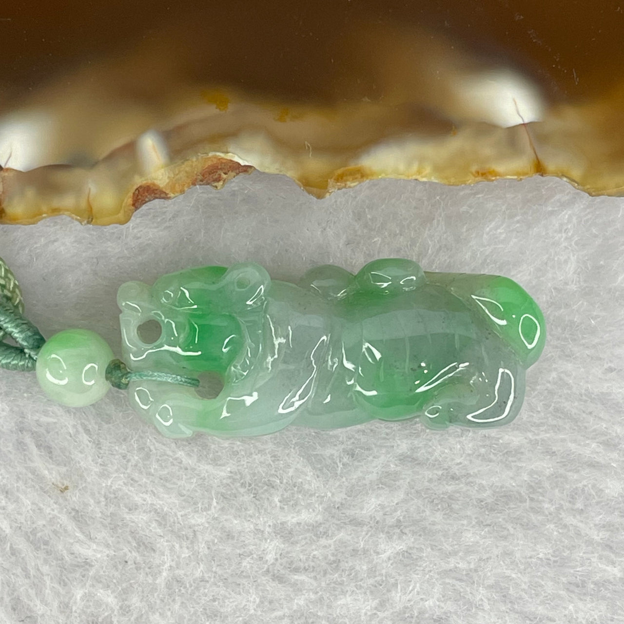 Type A Spicy Green with Wuji Grey Jadeite Tiger 8.34g by 29.3 by 9.5 by 11.9mm - Huangs Jadeite and Jewelry Pte Ltd