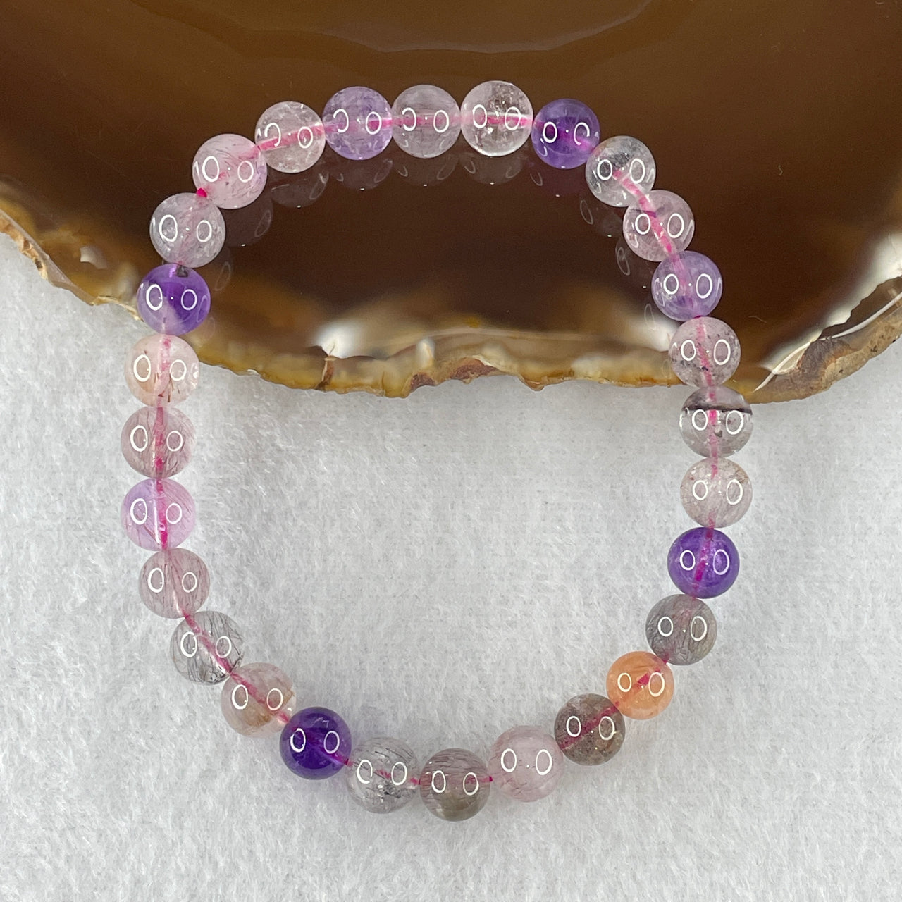 Certified Above-Average Grade Natural Super 7 Crystal Beads Bracelet | High-Fluidity Crystalline Strand | Authentic Sacred Seven Multi-Mineral Inclusions Quartz Spiritual Catalyst & Auric Shield Bracelet (13.93g | 17cm Length | 7.3mm | 28 Beads)