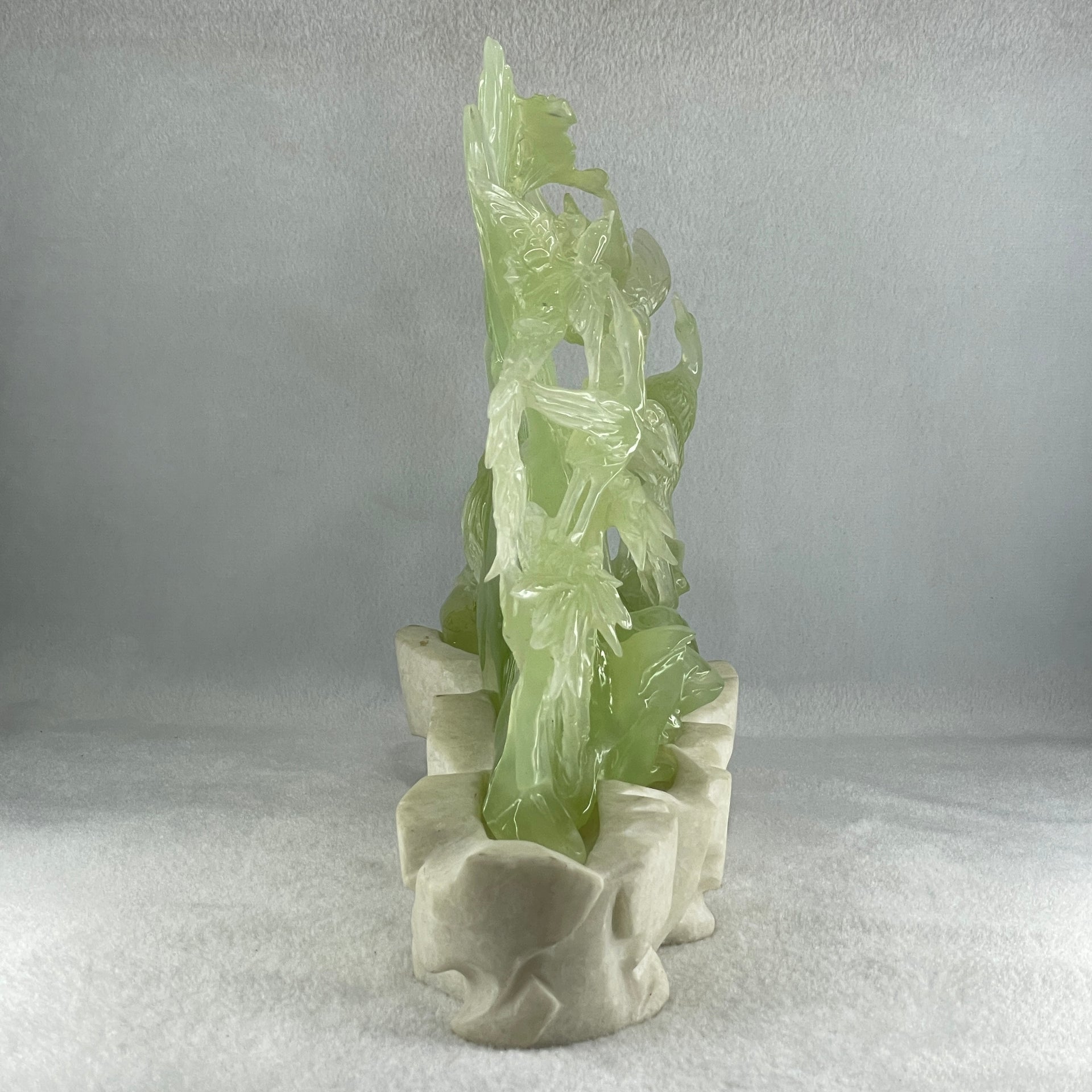 Natural Icy Green Serpentine 6 Cranes with Bamboo Shoots on Shan Shui with White Stone Stand Display 3,171.9g 270.0 by 102.0 by 236.0mm - Huangs Jadeite and Jewelry Pte Ltd