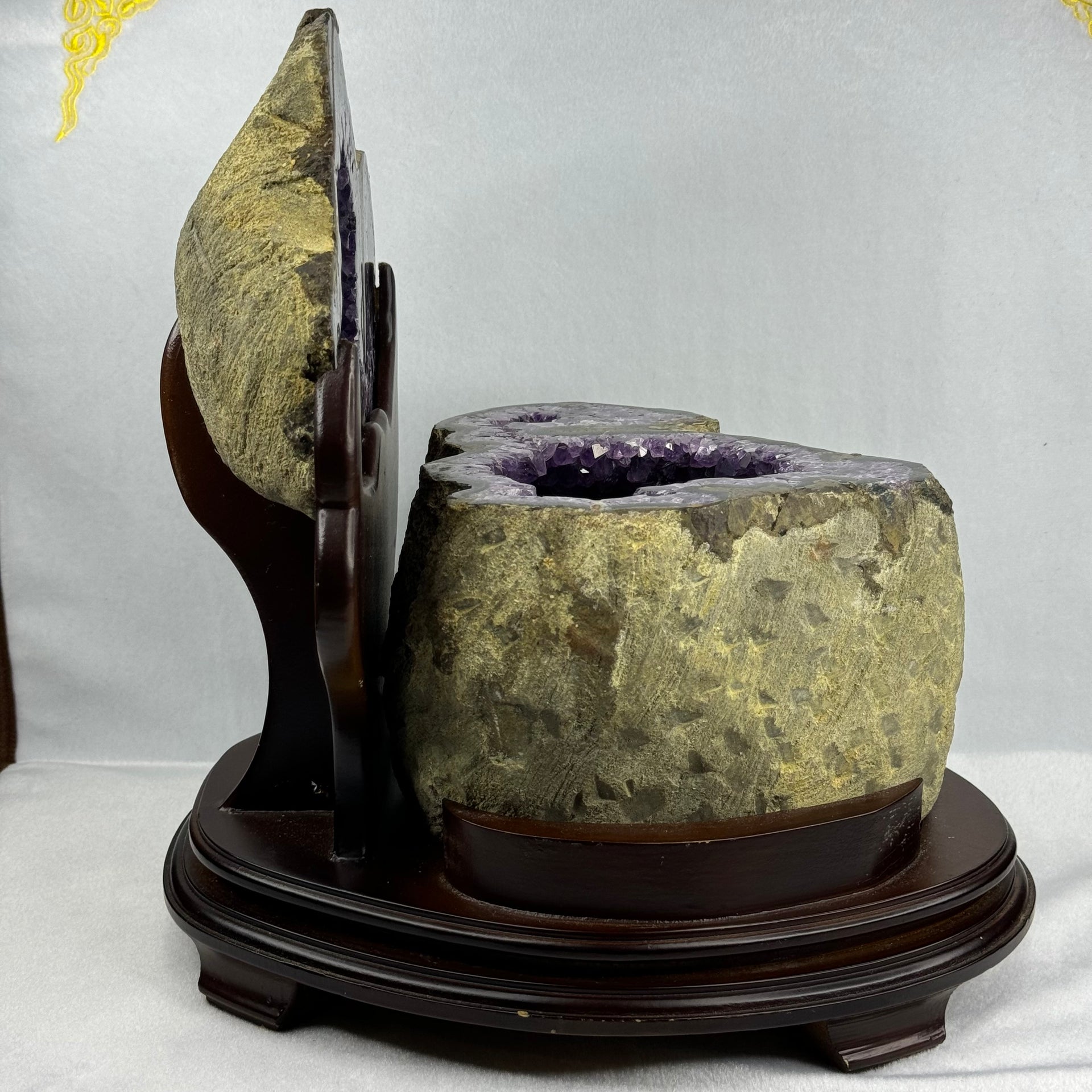 Natural Uruguay Amethyst Double Wealth Pot Cave Display with Wooden Stand 天然乌拉圭紫水晶洞摆件带木架 8,460.3g 260.0 by 300.0 by Heigh 300.0mm - Huangs Jadeite and Jewelry Pte Ltd