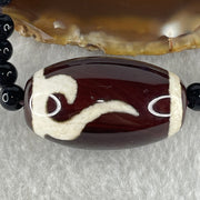 Natural Powerful Tibetan Old Oily Agate Ruyi Dzi Beads with Black and Blue Onyx Necklace 44.06g 38cm 36.6 by 21.4mm - Huangs Jadeite and Jewelry Pte Ltd