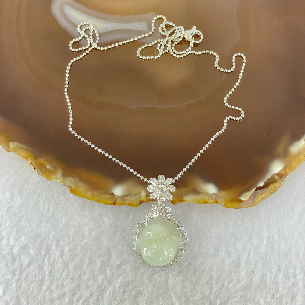 Type A Faint Green Lavender Milo Buddha with Crystals in S925 Sliver Pendant and Necklace 8.07g 16.6 by 16.6 by 8.0mm - Huangs Jadeite and Jewelry Pte Ltd