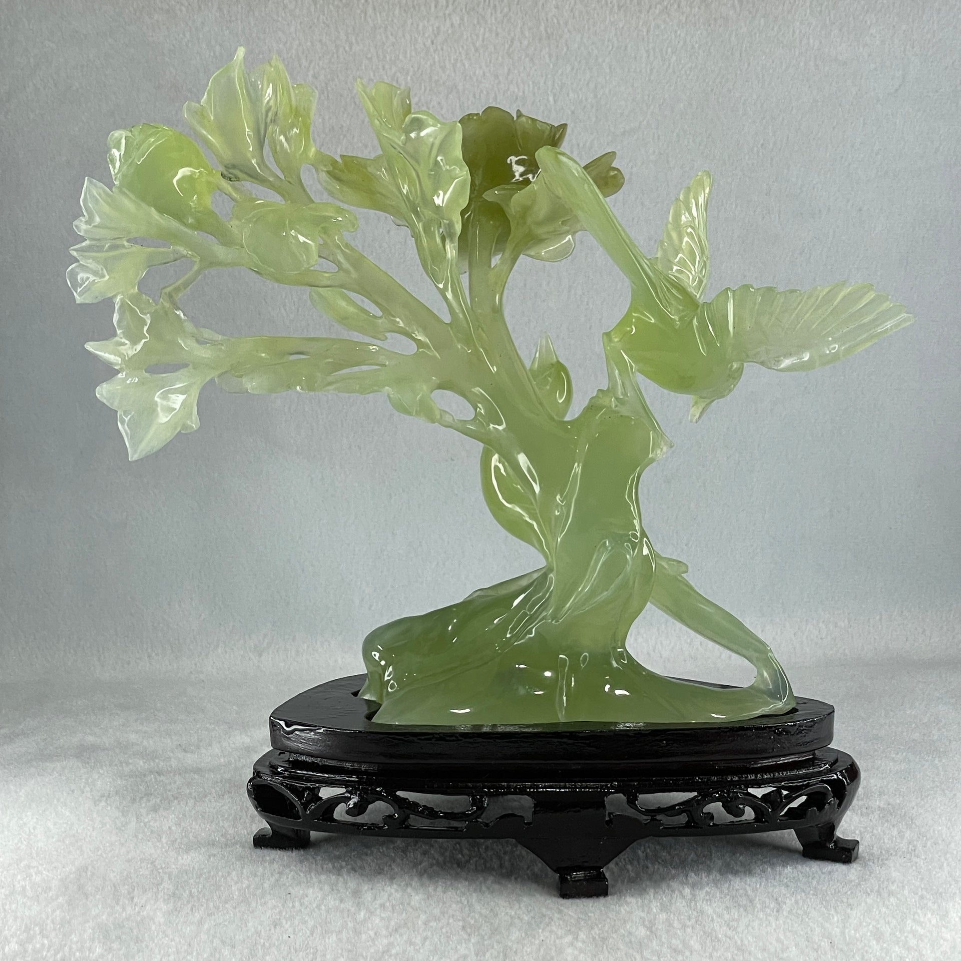 Natural Semi Icy Green Serpentine Double Magpie Birds on Flower Tree with Wooden Stand Display 641.5g 210.0 by 220.0 by 112.0mm - Huangs Jadeite and Jewelry Pte Ltd