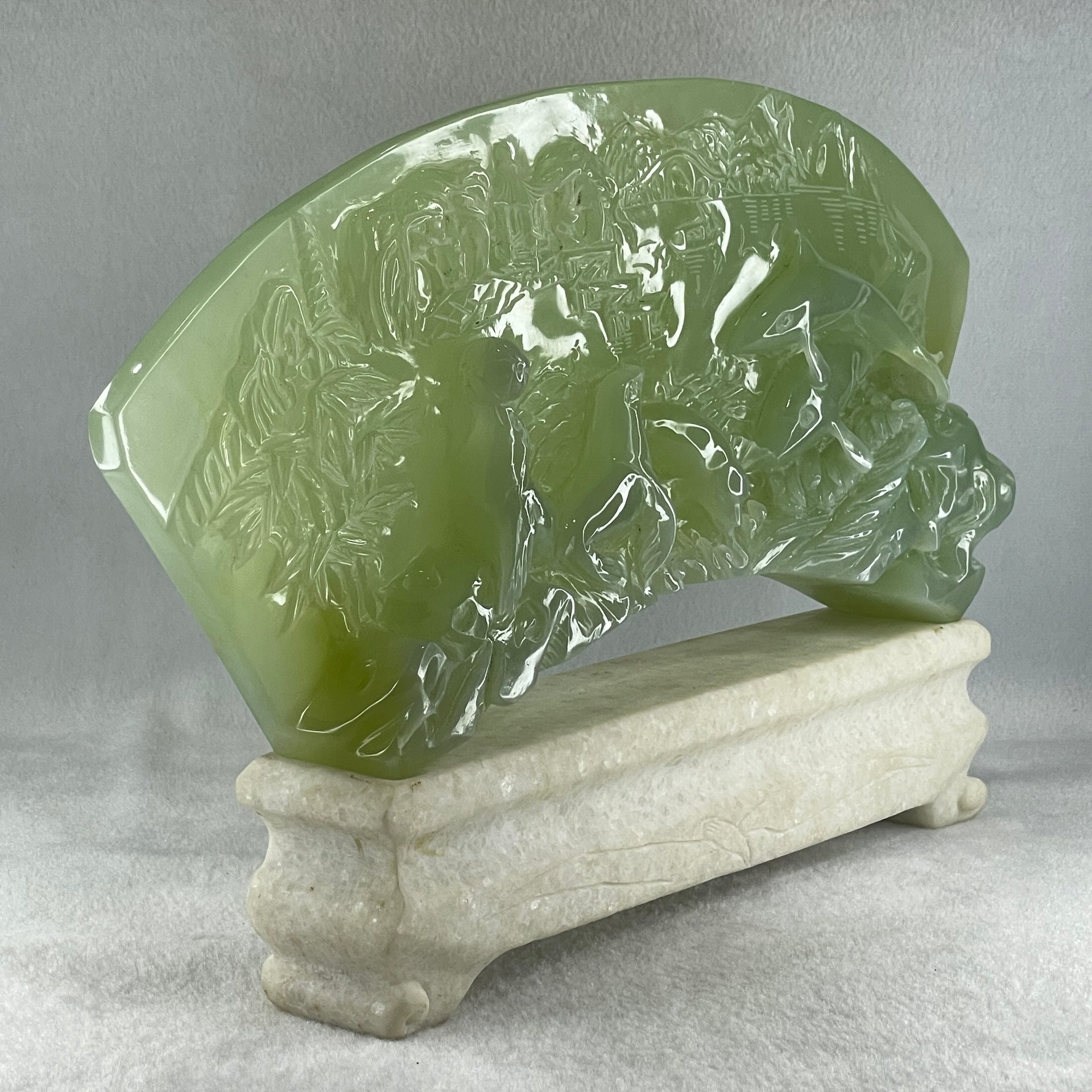 Natural Semi Icy Green Serpentine 3 Seals with Double Whales on Shan Shui with Stone Stand Display  3,486.0g 326.0 by 50.0 by 210.0mm - Huangs Jadeite and Jewelry Pte Ltd