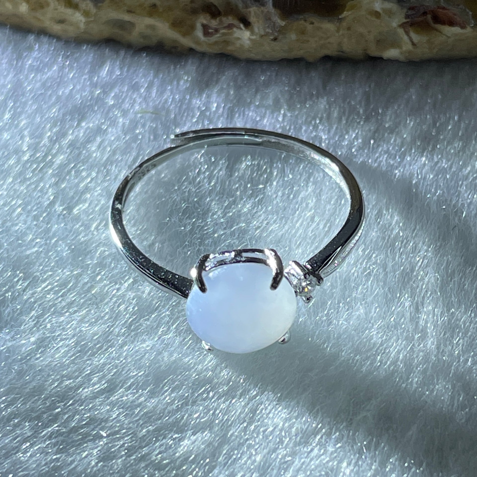 Natural Type A Semi Icy Faint Lavender Jadeite Round Shape Cabouchon in S925 Silver Ring (Adjustable Size) 1.33g 7.7 by 4.5mm - Huangs Jadeite and Jewelry Pte Ltd
