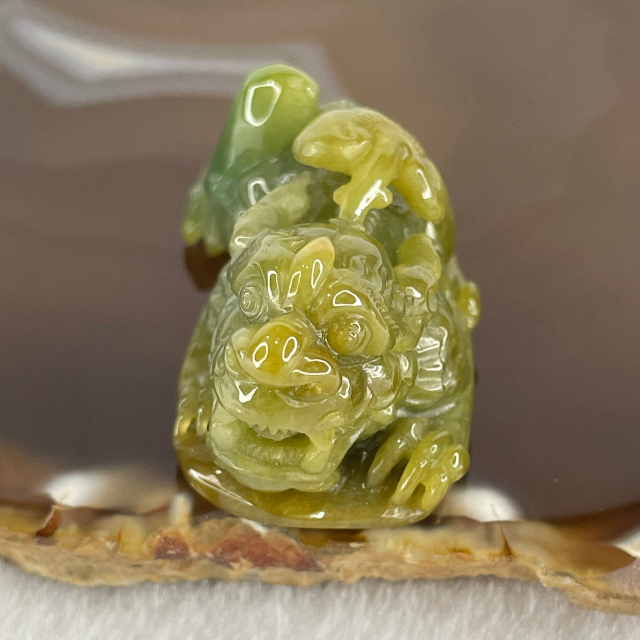 Grand Master Type A Yellow with Blueish Green Jadeite Pixiu Pendant 38.92g 50.7 by 24.3 by 24.7mm