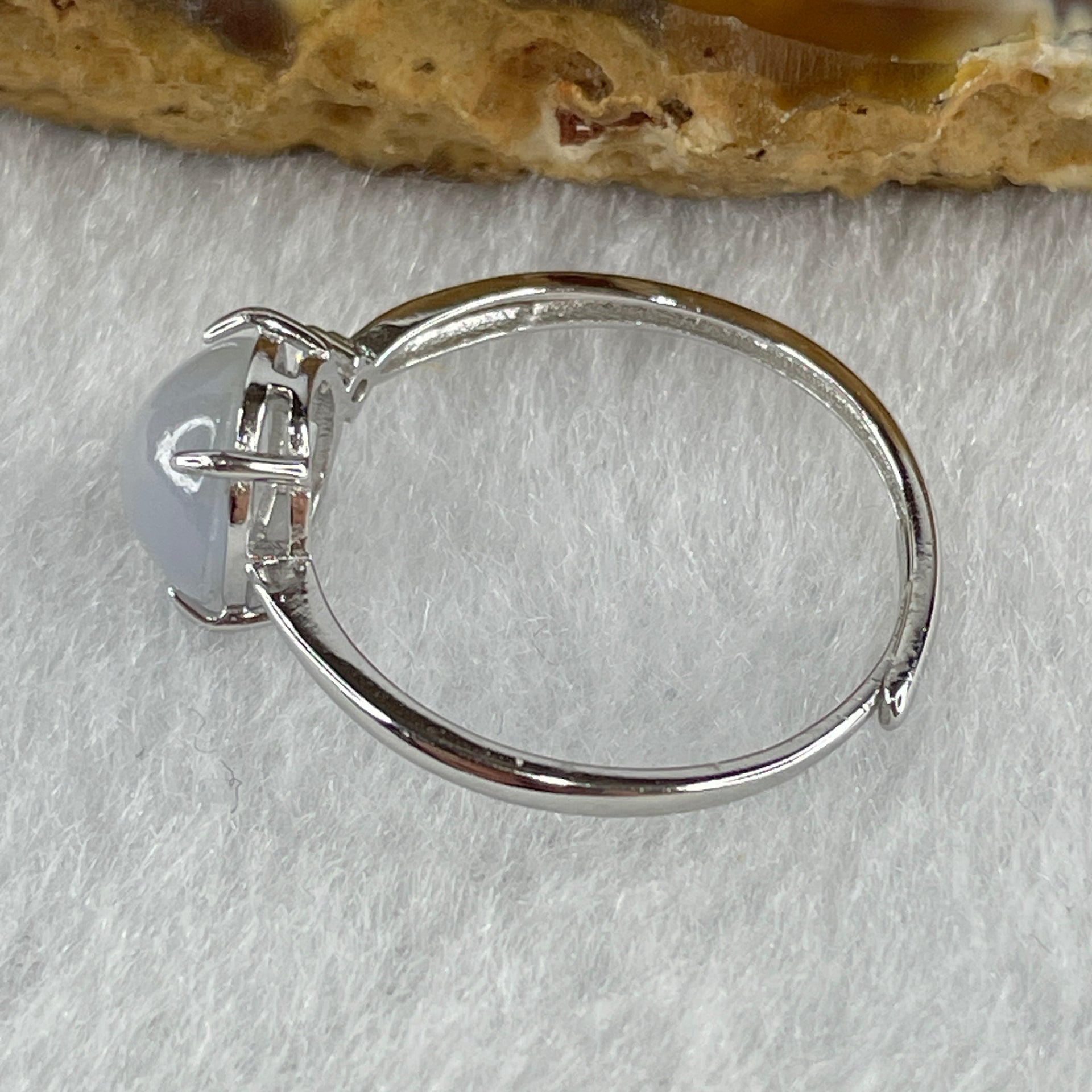 Natural Type A Semi Icy Faint Lavender Jadeite Round Shape Cabouchon in S925 Silver Ring (Adjustable Size) 1.33g 7.7 by 4.5mm - Huangs Jadeite and Jewelry Pte Ltd