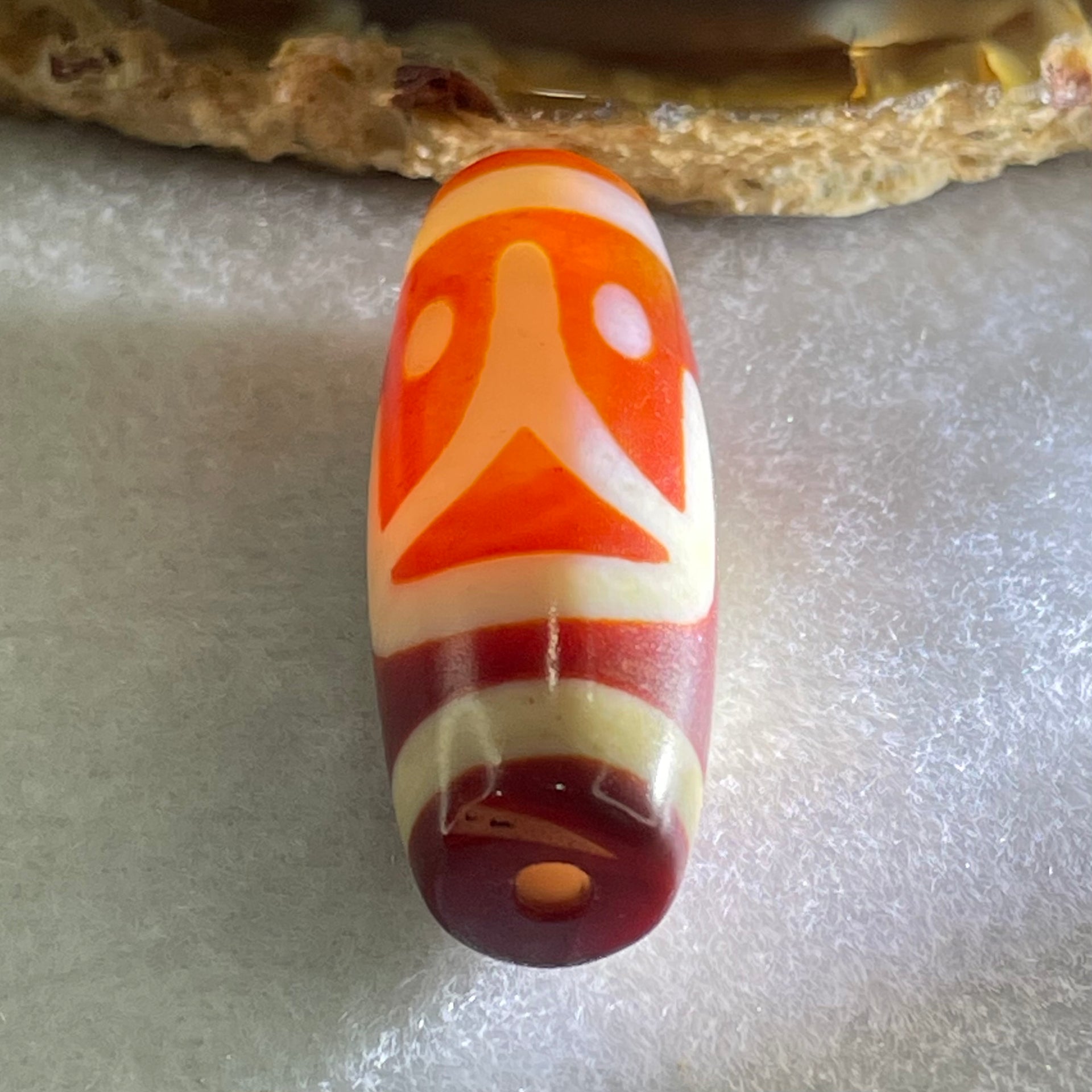 Natural Powerful Tibetan Old Oily Red White Agate One Eye Fire Sign Dzi Bead Heavenly Master (Tian Zhu) 一眼火天珠 10.71g 37.6 by 13.4mm - Huangs Jadeite and Jewelry Pte Ltd