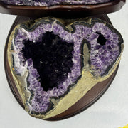 Natural Uruguay Amethyst Double Wealth Pot Cave Display with Wooden Stand 天然乌拉圭紫水晶洞摆件带木架 8,460.3g 260.0 by 300.0 by Heigh 300.0mm - Huangs Jadeite and Jewelry Pte Ltd