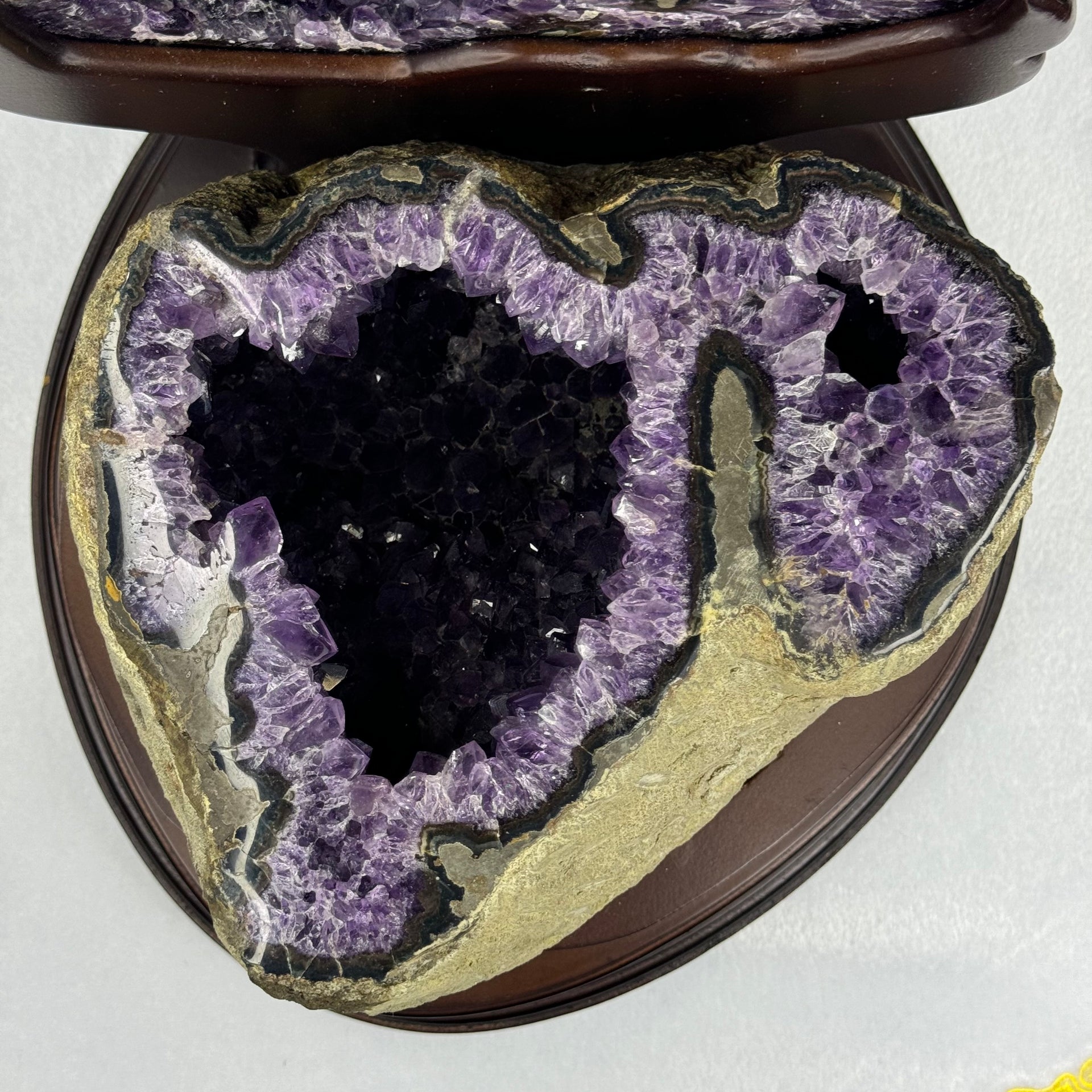 Natural Uruguay Amethyst Double Wealth Pot Cave Display with Wooden Stand 天然乌拉圭紫水晶洞摆件带木架 8,460.3g 260.0 by 300.0 by Heigh 300.0mm - Huangs Jadeite and Jewelry Pte Ltd