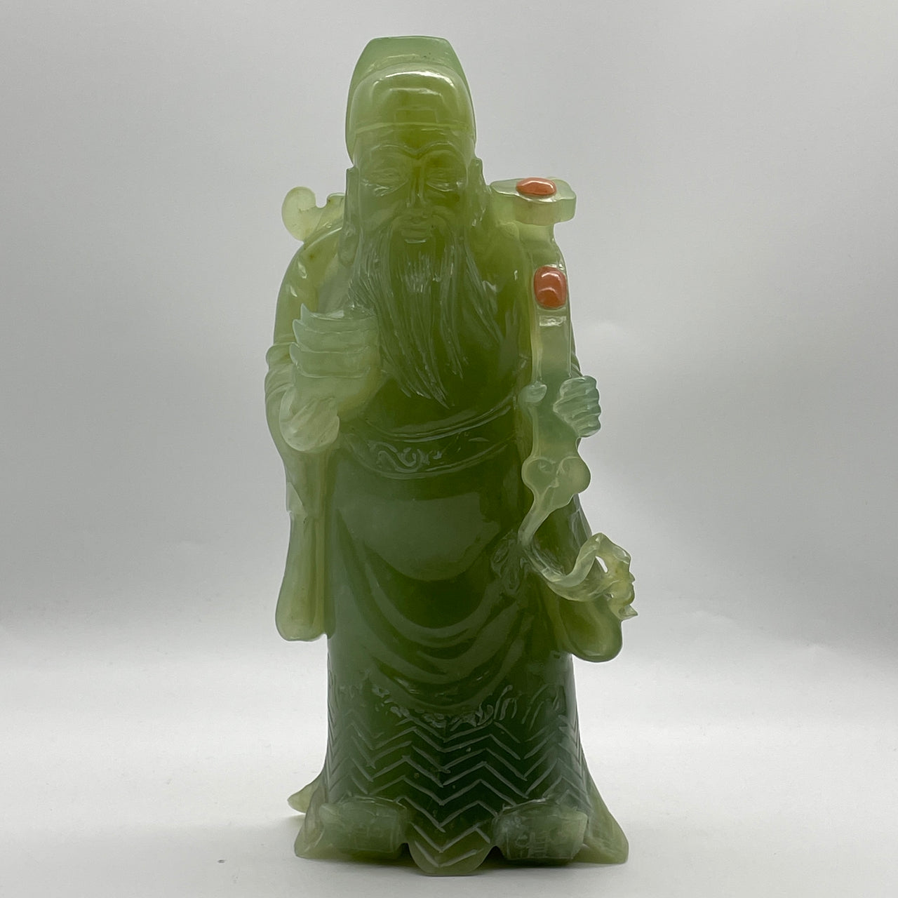 Natural Jelly Green Serpentine Cai Shen Ye God of Fortune with Ruyi Display 2,379.1g 116.5 by 85.0 by 255.0mm