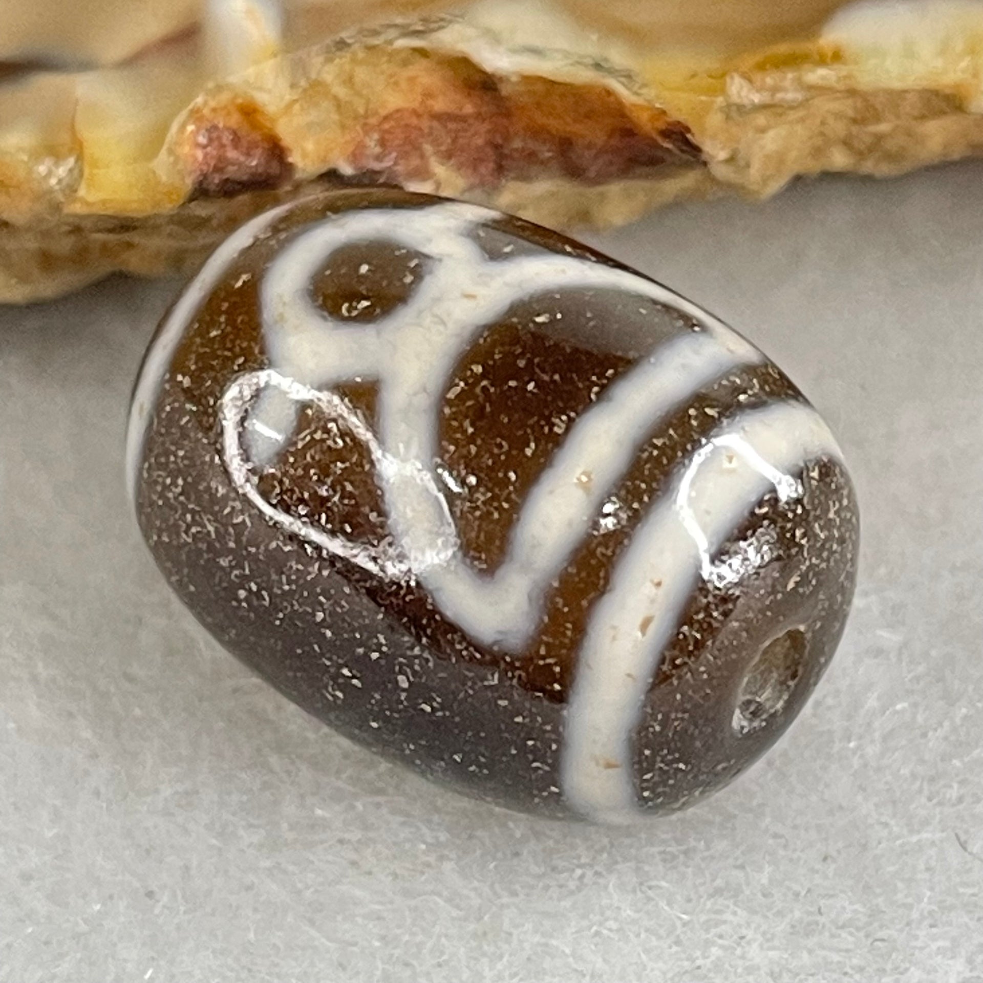 Natural Powerful Tibetan Old Oily Double Agate Cai Shen Dzi Bead Heavenly Master (Tian Zhu) 财神长天珠 4.62g 17.5 by 13.1mm - Huangs Jadeite and Jewelry Pte Ltd