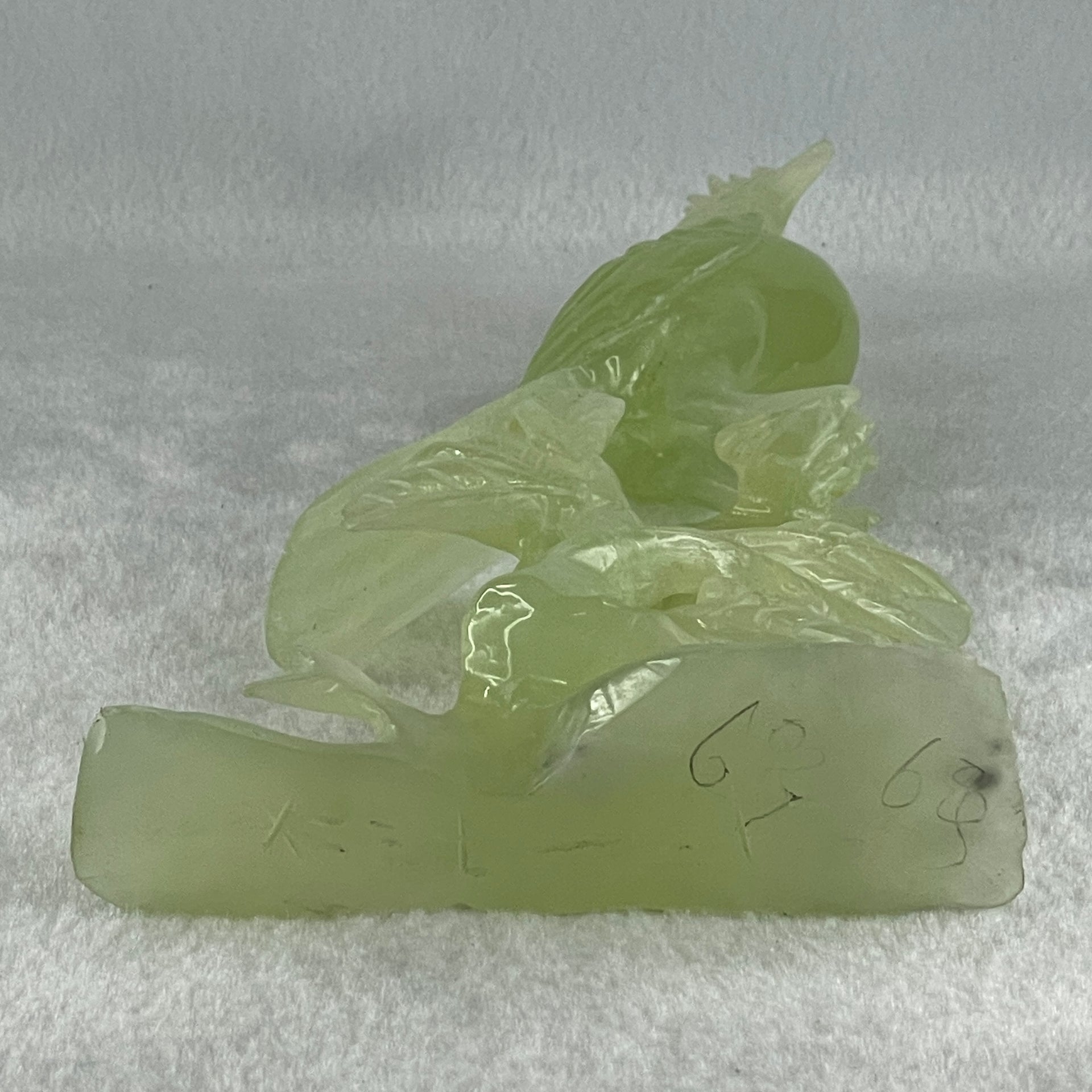Natural Green Serpentine Javan Mynah Birds on Tree with Wooden Stand Display 388.9g 130.0 by 258.0 by 64.0mm - Huangs Jadeite and Jewelry Pte Ltd