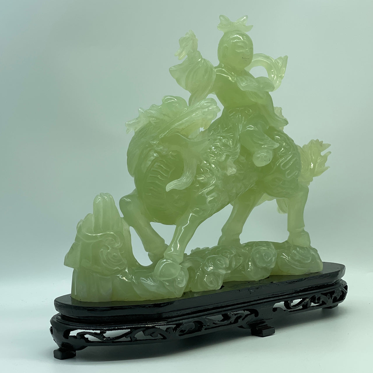 Natural Green Serpentine Nezha on QiLin on Mountain with Wooden Stand Display 3,139.0g 332.0 by 116.0 by 270.0mm