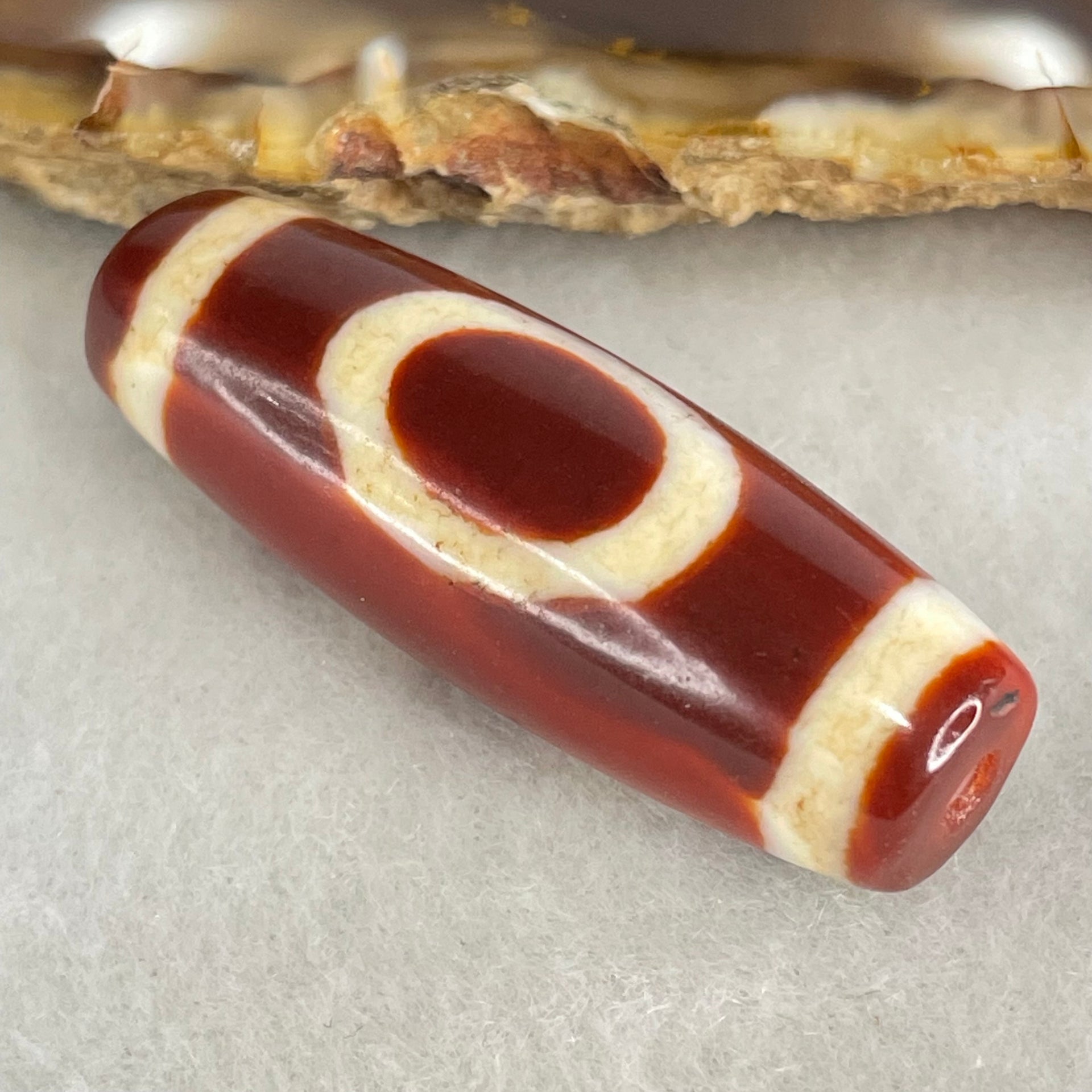 Natural Powerful Tibetan Old Oily Red White Agate One Eye Wood Element Dzi Bead Heavenly Master (Tian Zhu) 一眼木元素天珠 9.65g 37.5 by 12.9mm - Huangs Jadeite and Jewelry Pte Ltd