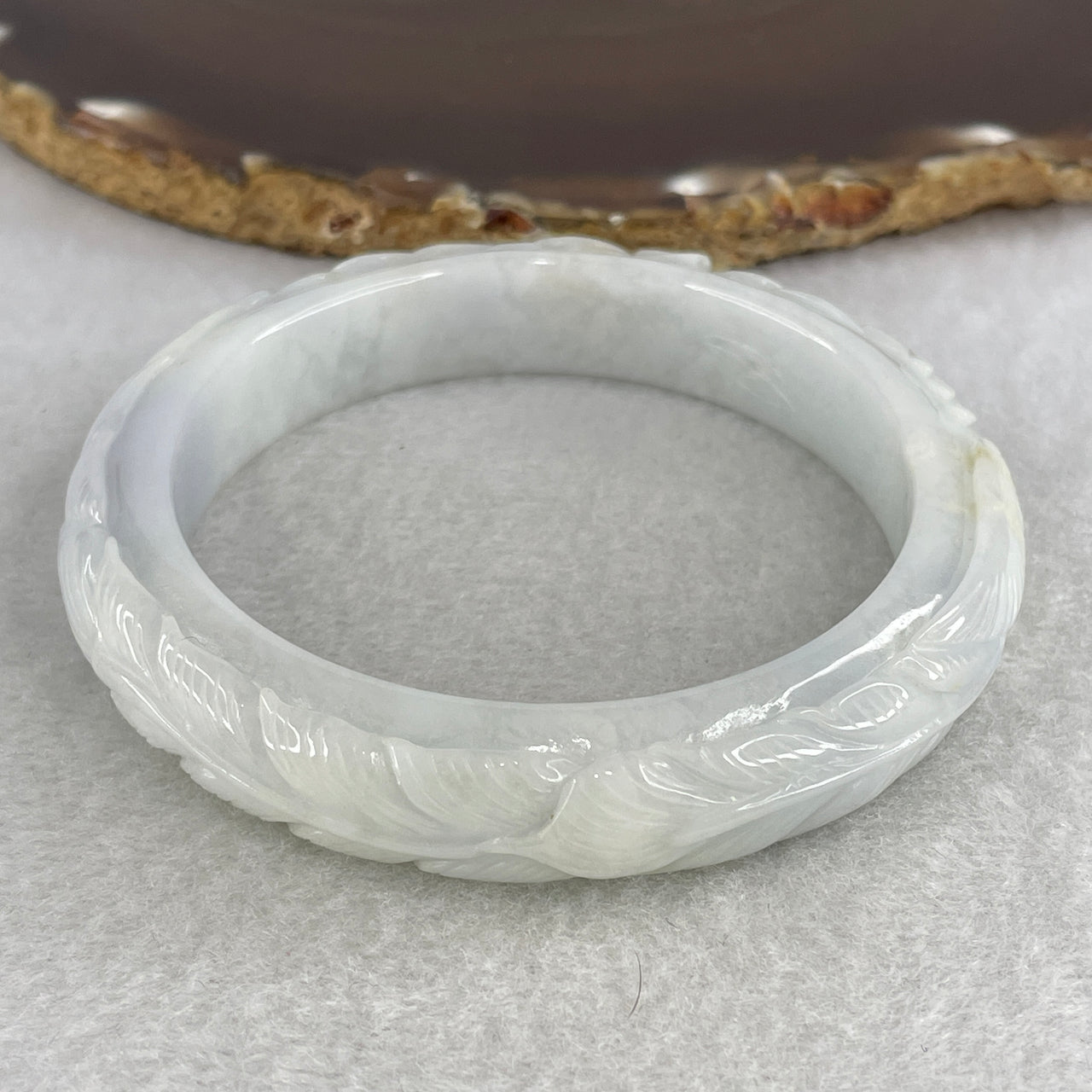 Natural Type A Translucent Multicolor Jadeite Carved Bangle | 58.2mm Faint Blueish-Green & Light Lavender with Golden Yellow Patches | Internal Lines "Phoenix & Flower" Round Wrist Heirloom (61.82g 12.3x9.7mm)