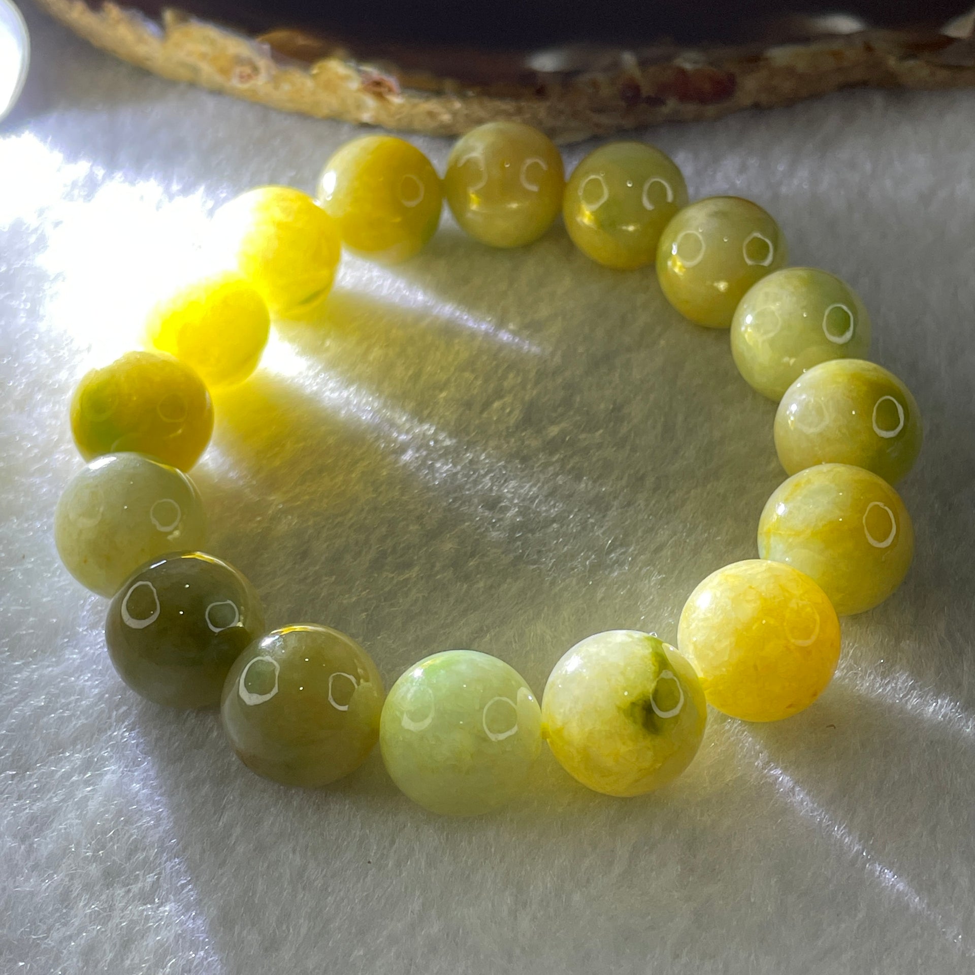Natural Type A Yellow Jadeite Round Shape Beads Bracelet 61.35g 16.5cm 13mm 16 Beads (Burned) - Huangs Jadeite and Jewelry Pte Ltd